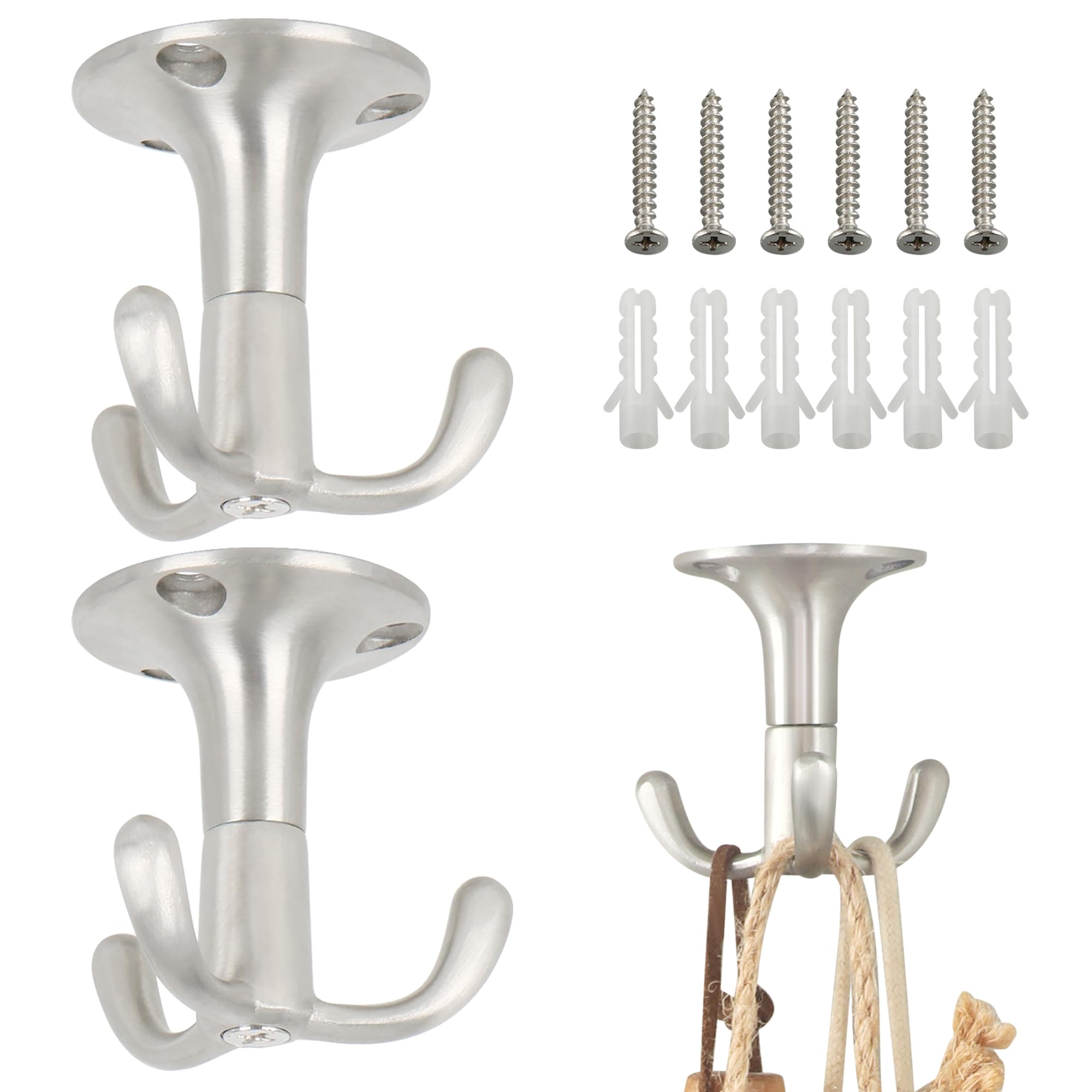 Mooche 2Pcs Ceiling Hooks, Heavy Duty Wall Mounted, Swivel 3 Hook Screw in