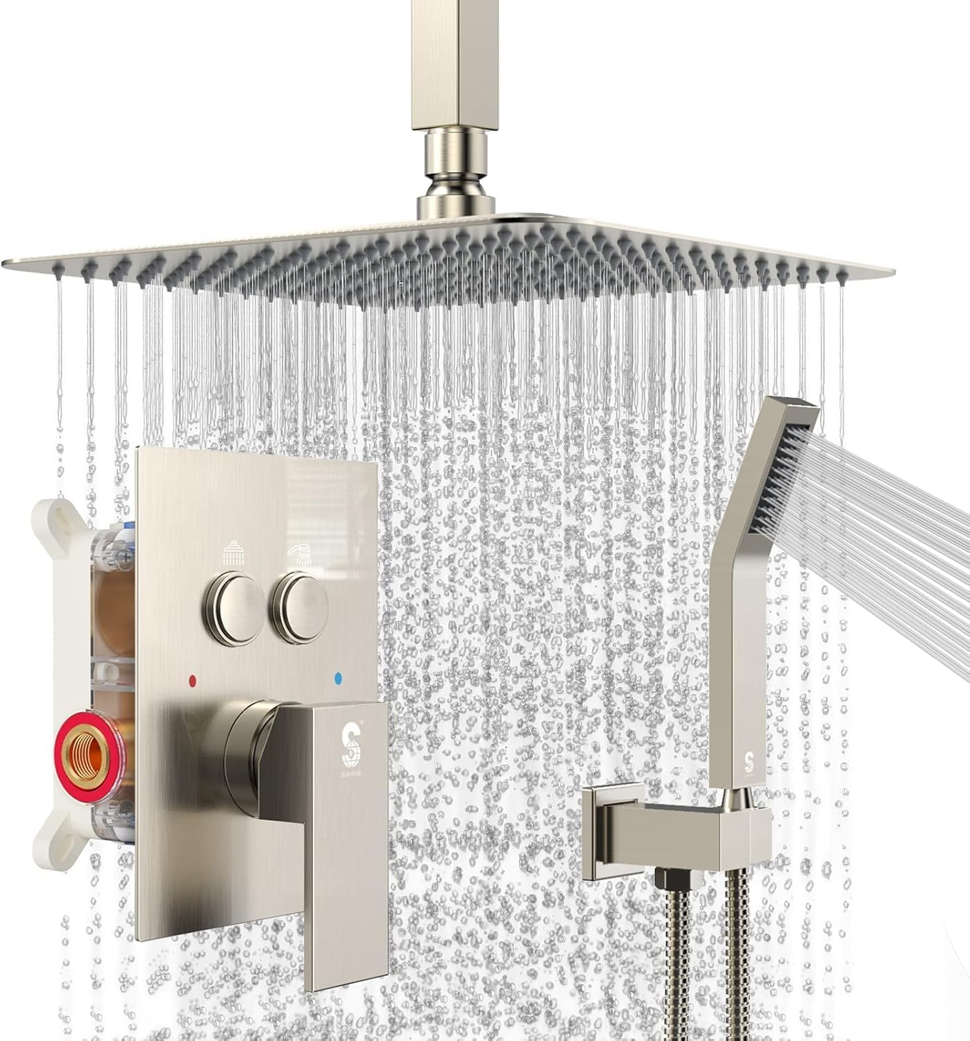 SR SUSR SUN RISE Shower System with Push Button Diverter, Ceiling Mounted Luxury 10 Inch Rain Shower Head with Handheld Spray, High Pressure Shower Faucet Combo Set with Rough-in Valve, Brushed Nickel