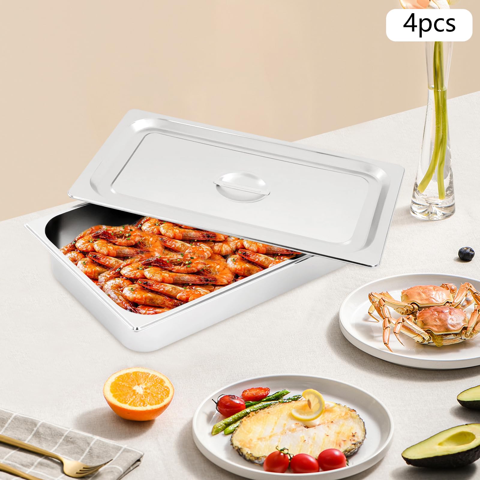 Chafing Dish, 4 scaldavivande 53,5 x 32,5 x 10 cm, grande capacità in acciaio inox con coperchio, impilabile, set da buffet in acciaio inox da 9 l, per ristoranti, hotel, buffet
