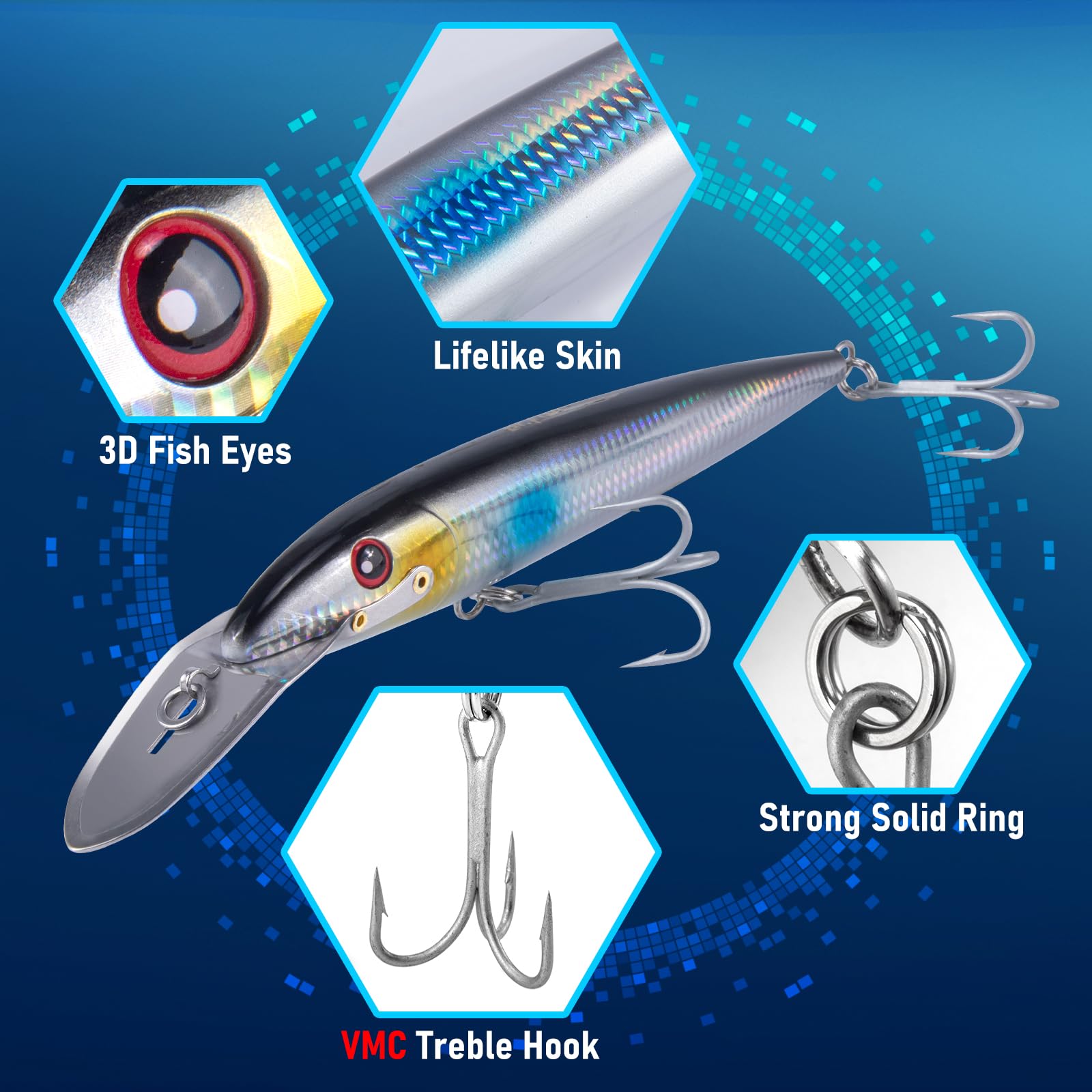 'Dr.Fish Deep Diving Trolling Lures 13-20ft Saltwater Fishing Lures 7.5'' Deep Diving Jerkbait VMC Treble Hooks Hard Lures Pencil Twitch Bait Heavy Duty Offshore Plugs Striper Mackerel Tuna'