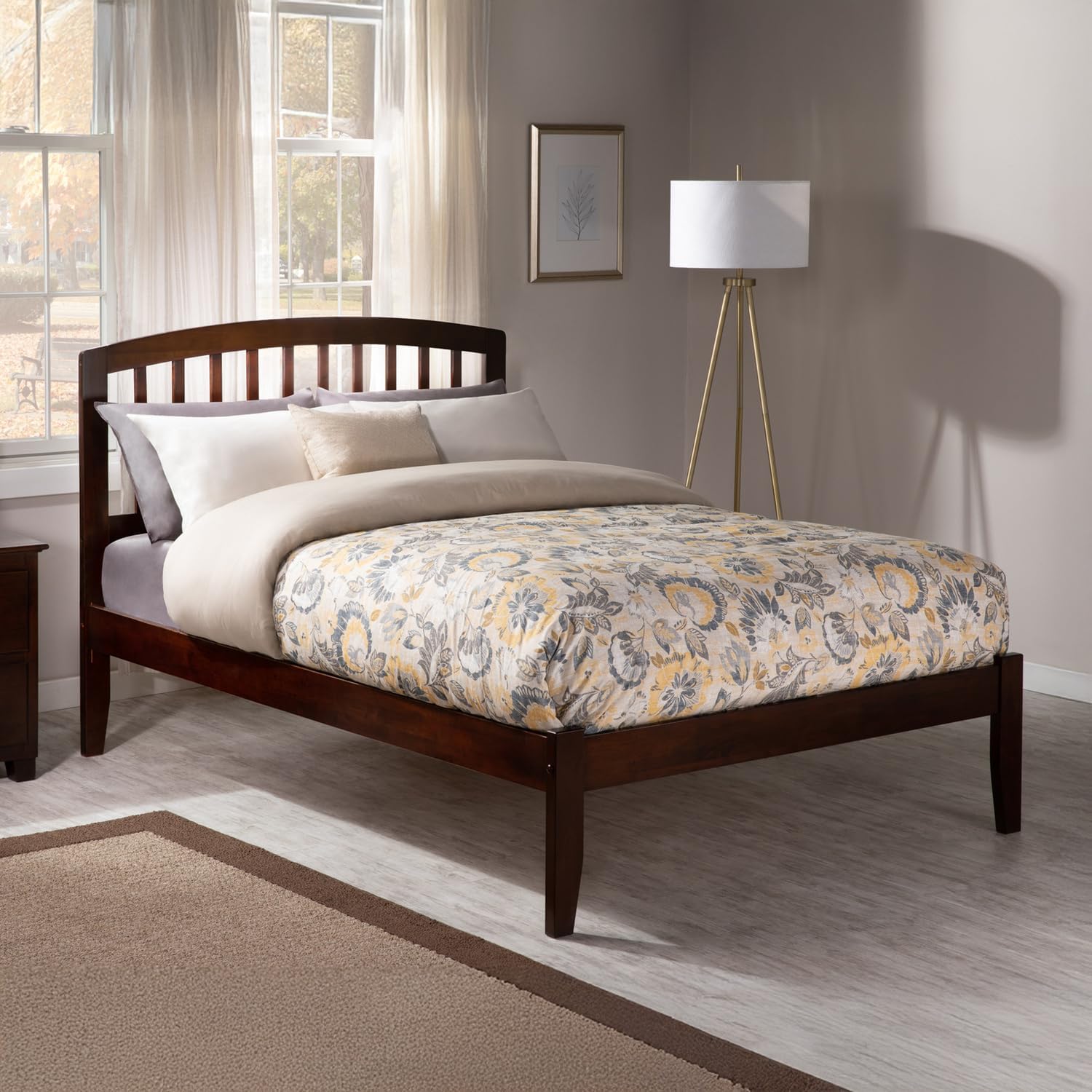 HomeStock Retro Renaissance Platform Bed with Open Footboard and Turbo Charger in Classic Finish for Bedroom Spaces, Perfect Blend of Sleek Bowed Style and Traditional Sturdy Slats Full/Walnut