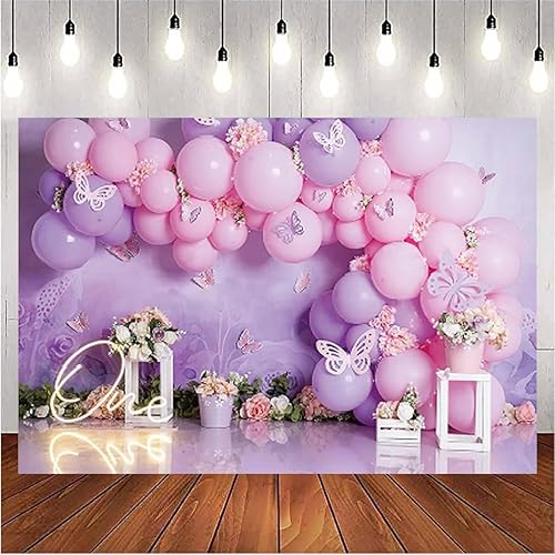 Miniatura 2 de Fondo de fotografía para fiesta de cumpleaños de niña, globos rosas y morados, mariposa, país de las maravillas, baby shower, flores, fondo de