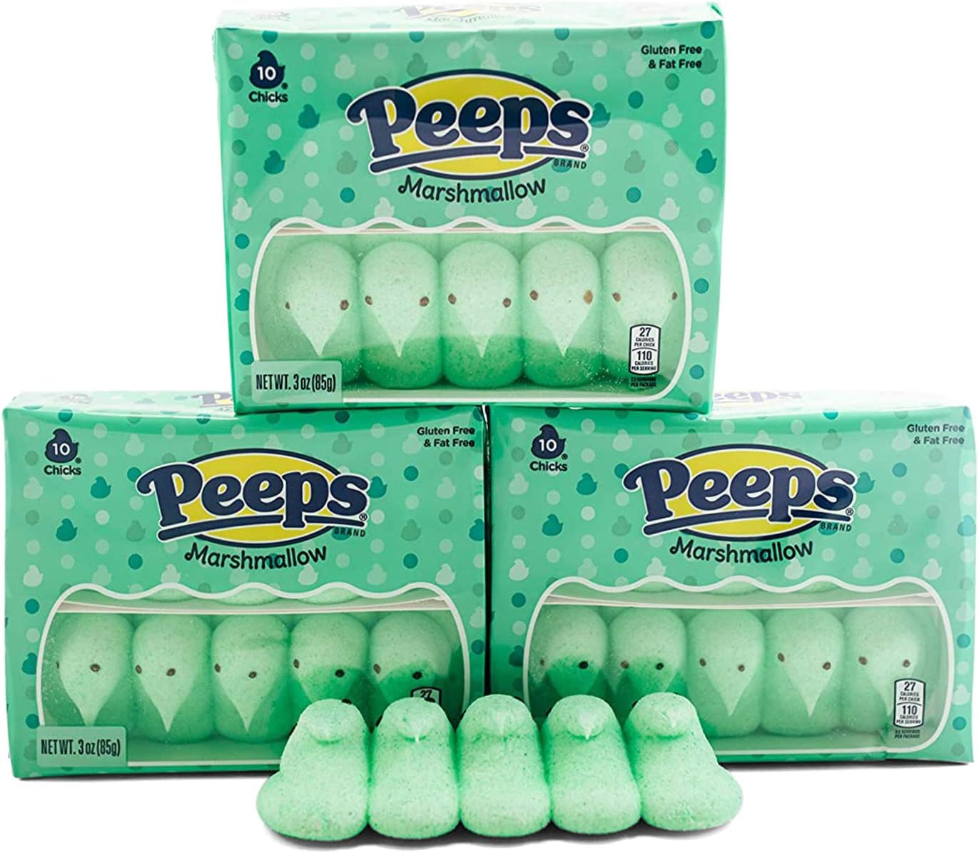Green Marshmallow Peeps - 3 Packs of 10 - Gluten & Fat Free Snacks - Old School Marshmallow Chicks - Retro Holiday Candy for Easter Baskets and Edible Decorations