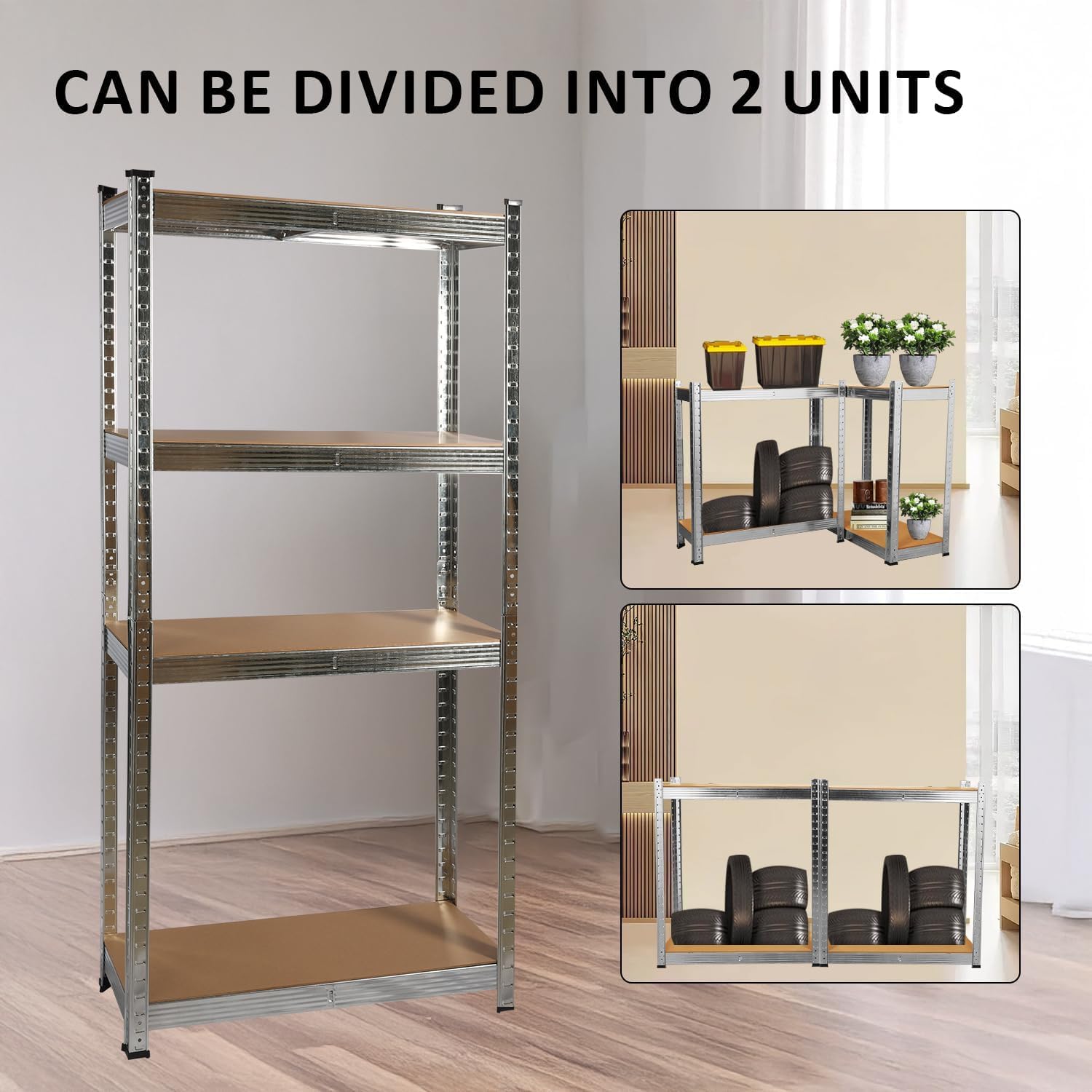 COZYBRITE Garagenregal, 4 Etagen, Robustes Schuppen, Lagerregal, Metall, schraubenlos, 175 kg pro Regal, 700 kg Tragkraft, für Lager, Werkstatt, Büro (90 x 45 x 180 cm) (2er-75x30x150 cm)