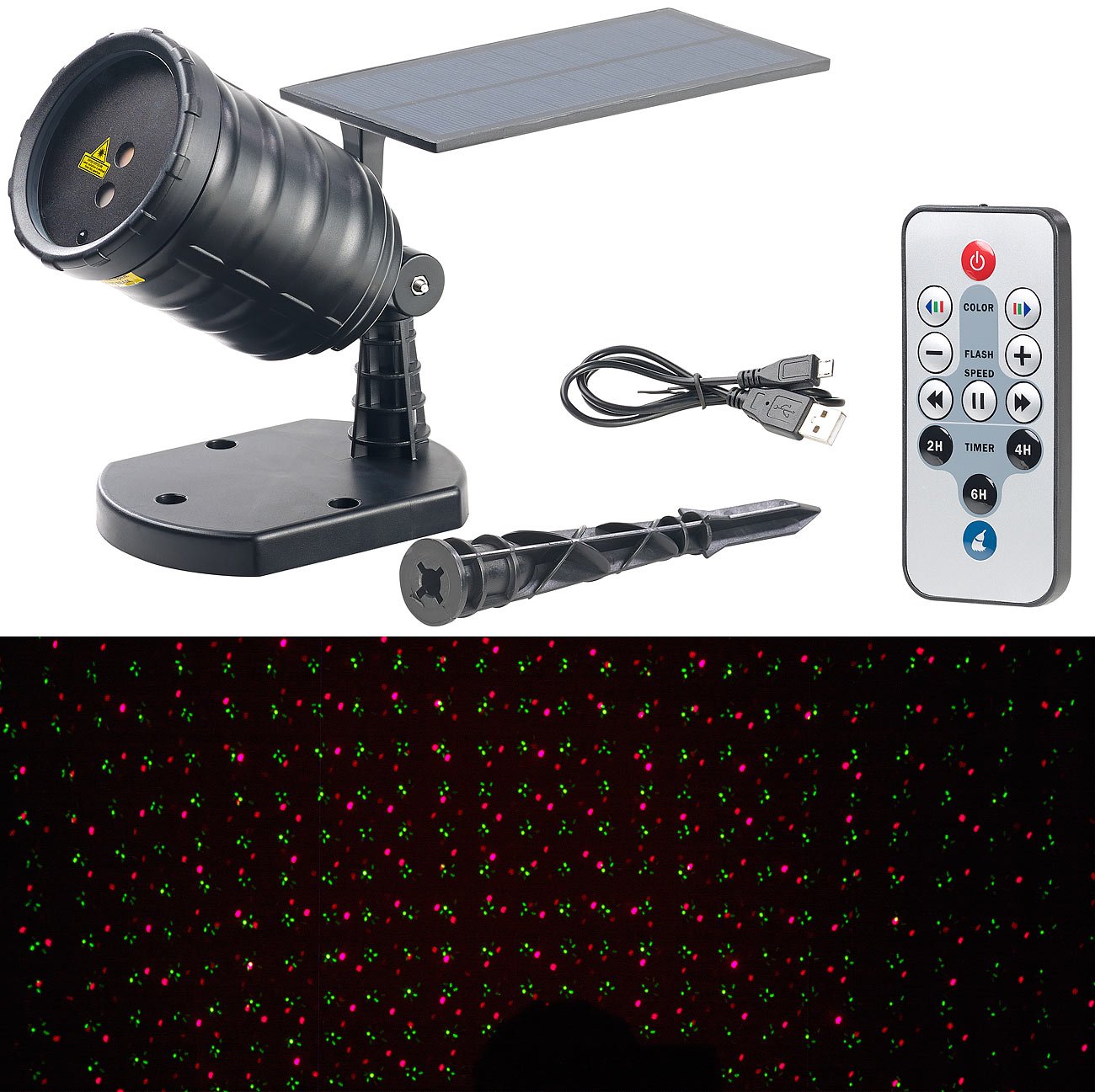 Lunartec Gartenlaser: Solar-Laser-Projektor mit Akku, Sternenregen-Lichteffekt, Timer, IP65 (Solar Projektor Weihnachten, Weihnachten Batterie, LED)