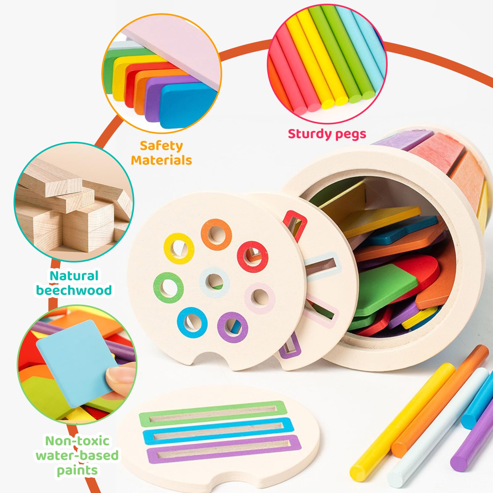 Giocattolo Montessori 3 In 1 In Legno – Gioco Di Classificazione Colori Con Bastoncini E Forme