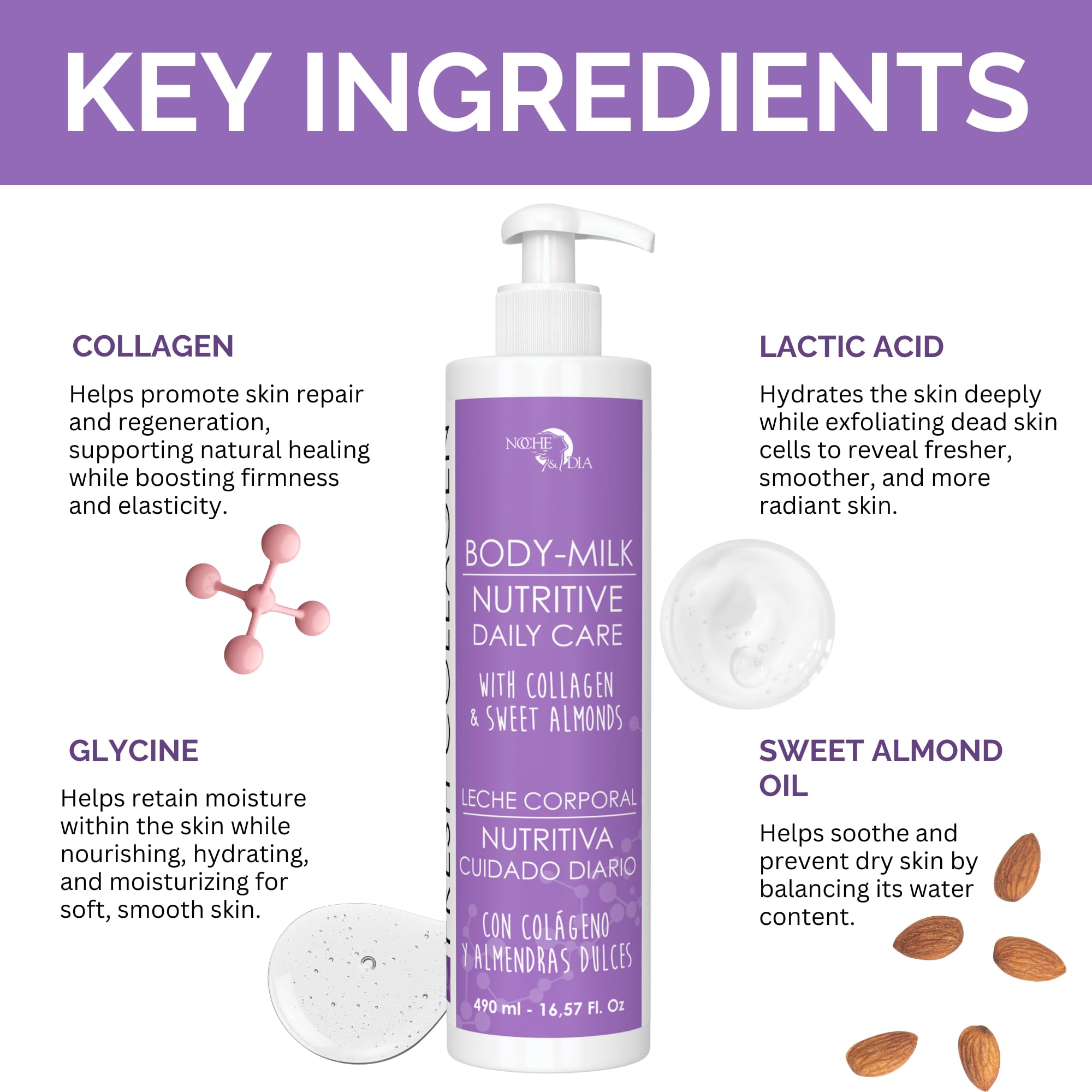 Noche Y Dia Frische Kollagen-Körpermilch, feuchtigkeitsspendende und straffende Lotion für trockene Haut, mit Milchsäure und Glycin, 500 ml