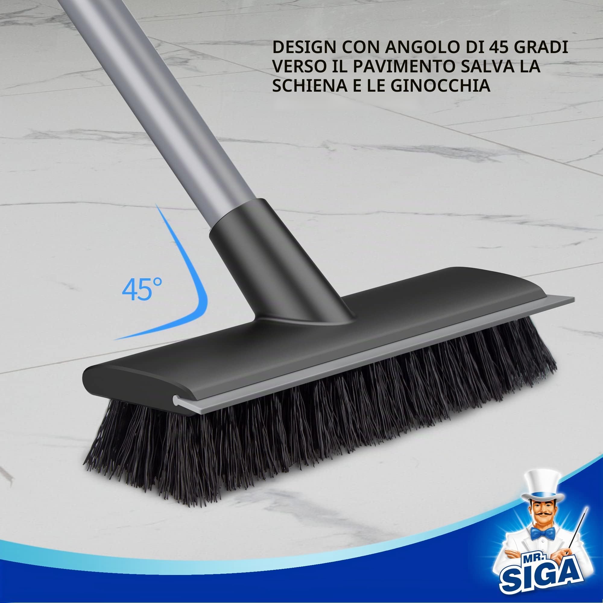 MR.SIGA lavapavimenti con manico lungo, spazzola 2 in 1 con tergipavimento ad acqua per la pulizia di piastrelle, terrazze, bagni, piscine e terrazze, lavapiastrelle con setole rigide
