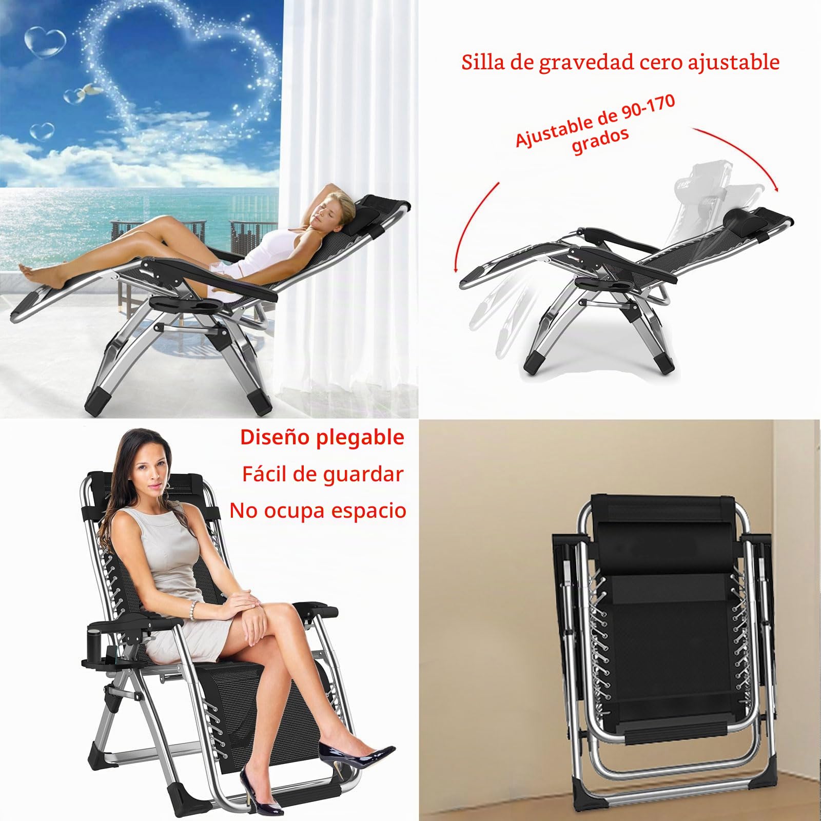 Tumbona Plegable Reclinable para Jardín y Playa, Tumbonas de Exterior con Respaldo Ajustable, Silla Gravedad Cero Acolchada para Camping y Piscina, Sun Lounger y de Terraza Exterior (Plateada, 83cm)