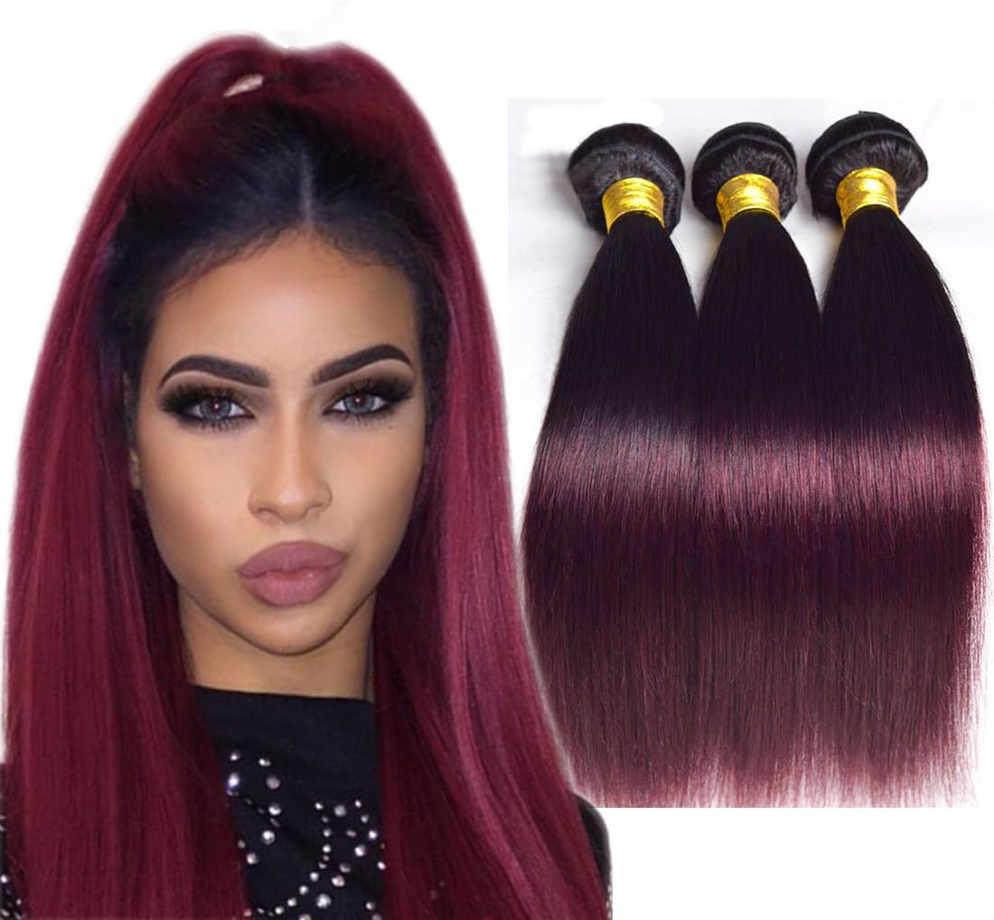 Volvetwig Ombre Hair Extensions 3 Bundles Straight Weave Brazilian Hair 1b 99j Red Two Tone 300g for Black Women 10 12 14 inches