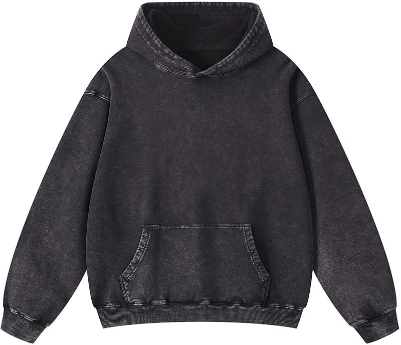 Ystävä Oversized Hoodie for Men Trendy Washed Sweatshirt for Adult Loose Fit Cotton Pullover for Youth Black S