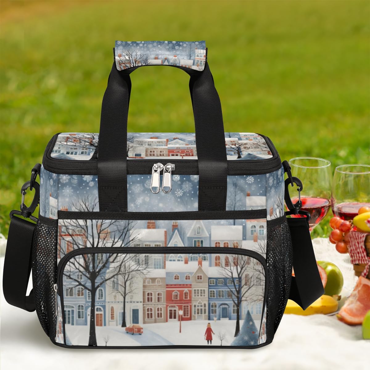 Insulated Picnic Backpack Lunch Box for Women Men Picnic Basket Tote Lunch Bag Picnic Bag Portable Lunch Bags for Picnic, Beach, Work, Trip,Office, Camp Snow Winter Landscape