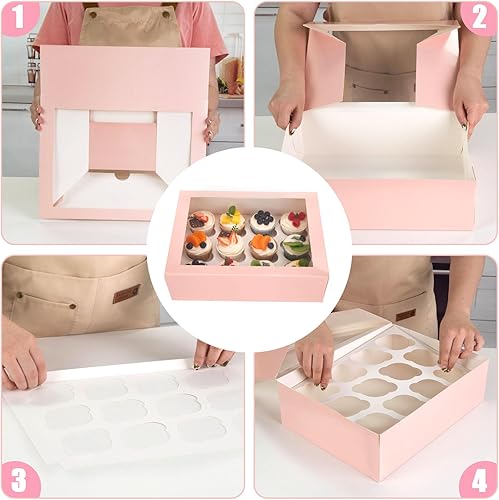 Miniatura 7 de VGOODALL 6 recipientes para cupcakes con ventana, soporte rosa para cupcakes con inserción, 12 unidades con capacidad para 72 cupcakes para el día