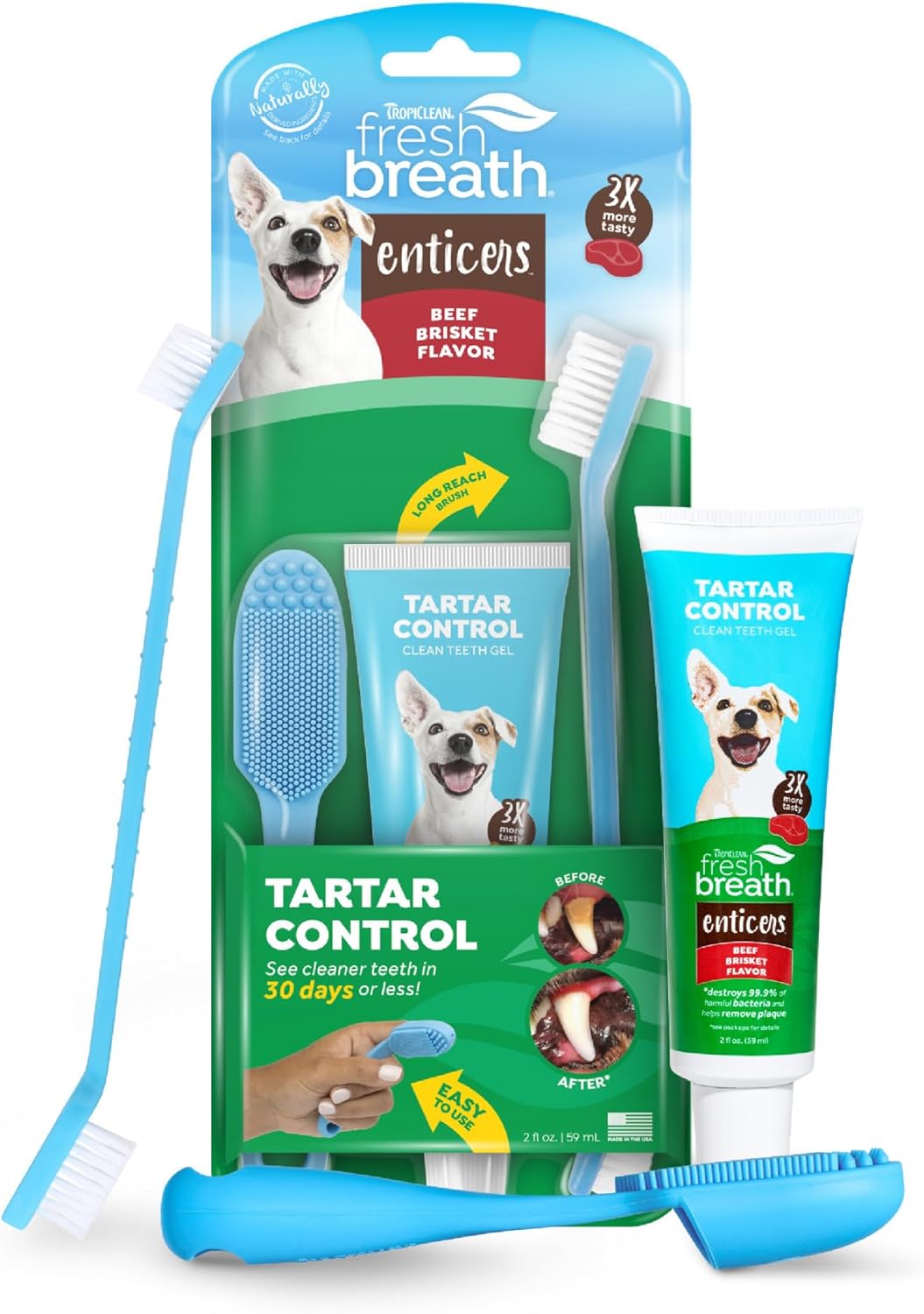 TropiClean Fresh Breath Oral Care Kit - Soft Bristle Finger Toothbrush - Dog Tooth Brushing Kit - Beef Brisket Flavor Dog Toothpaste