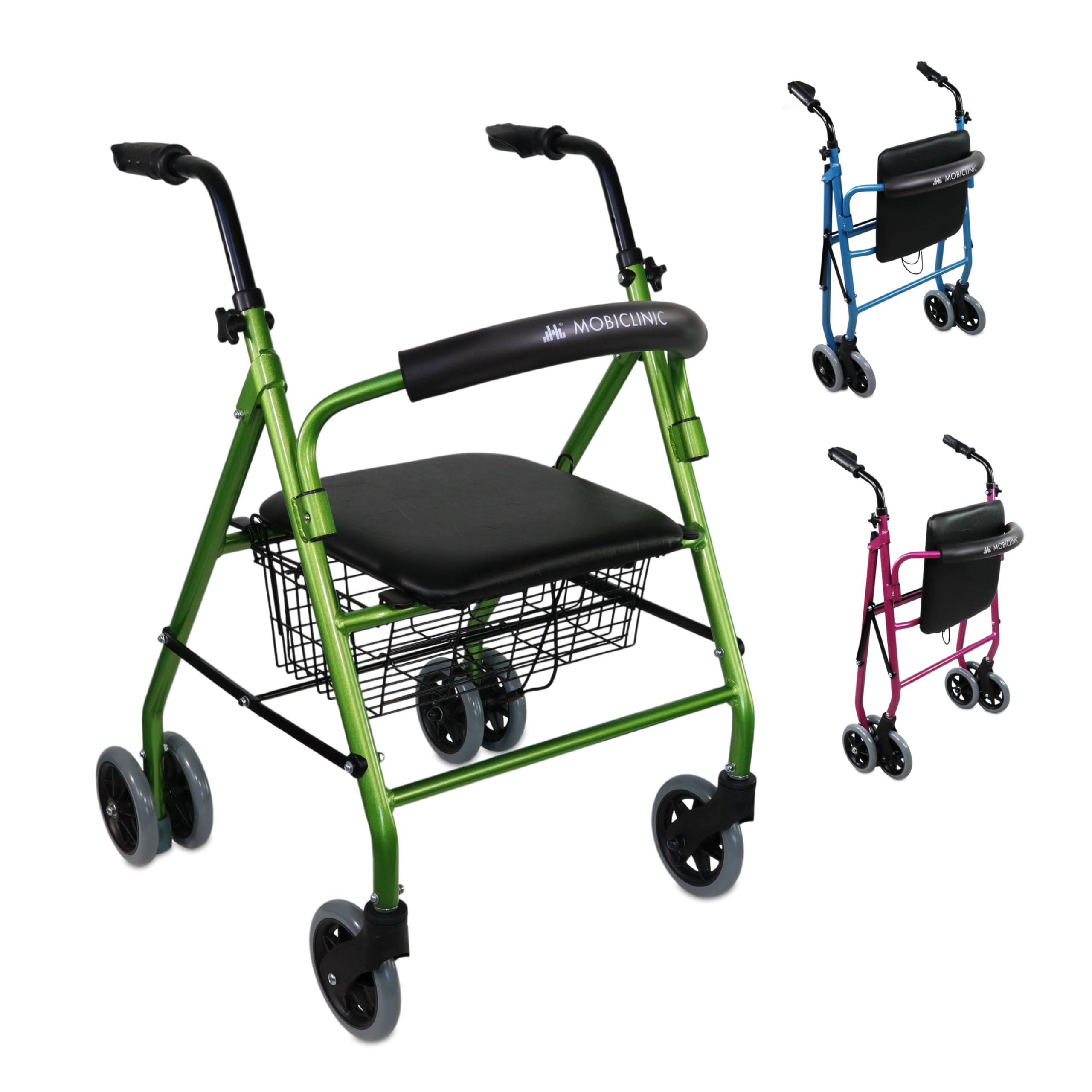 Mobiclinic®, Deambulatore per anziani, Prado, Rollator, Alluminio, Marchio europeo, Pieghevole, Freni a pressione, Con sedile, Girello 4 ruote, Colore verde