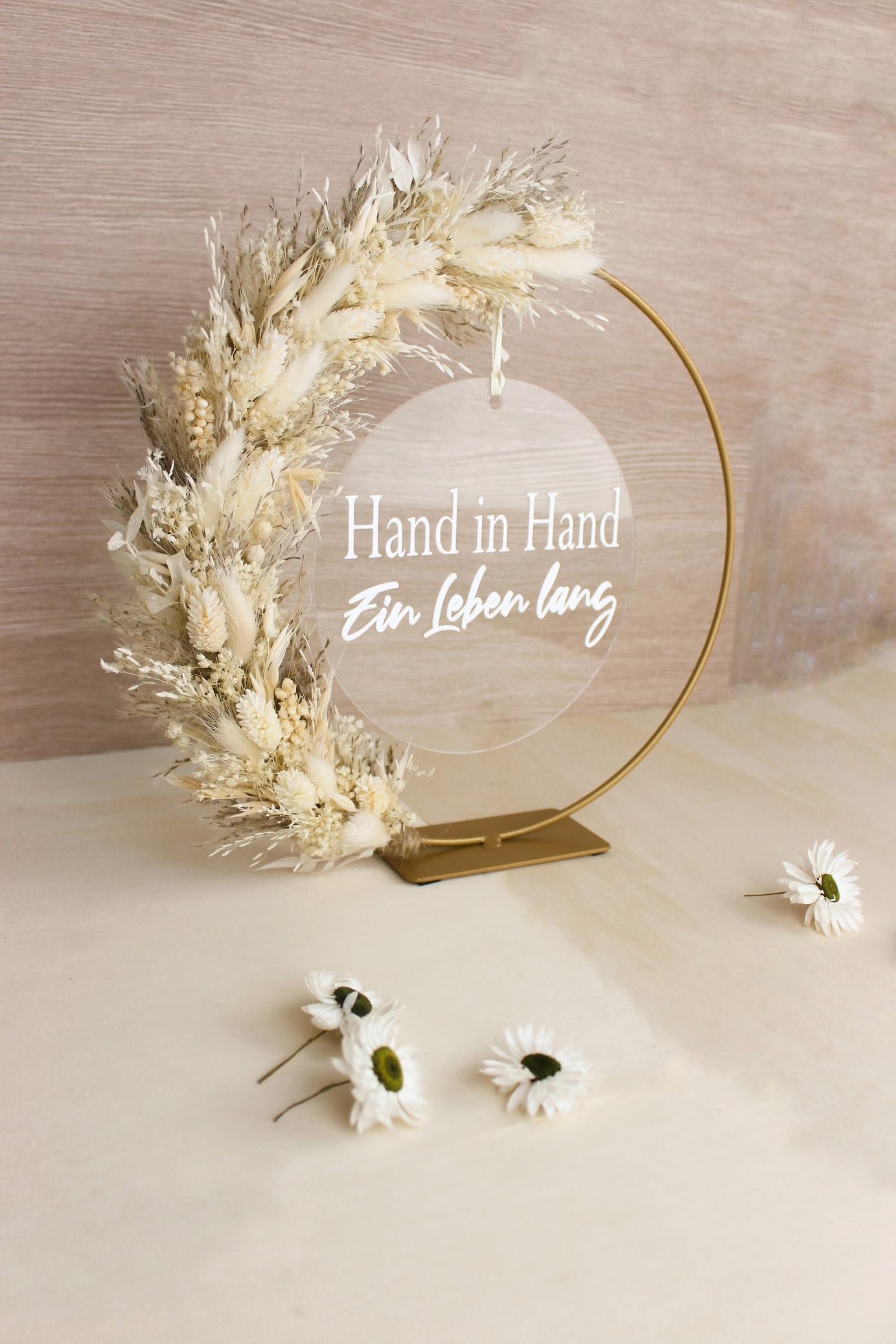 stehender Trockenblumenkranz Hochzeit Tischkranz personalisiert Boho (Acrylscheibe)