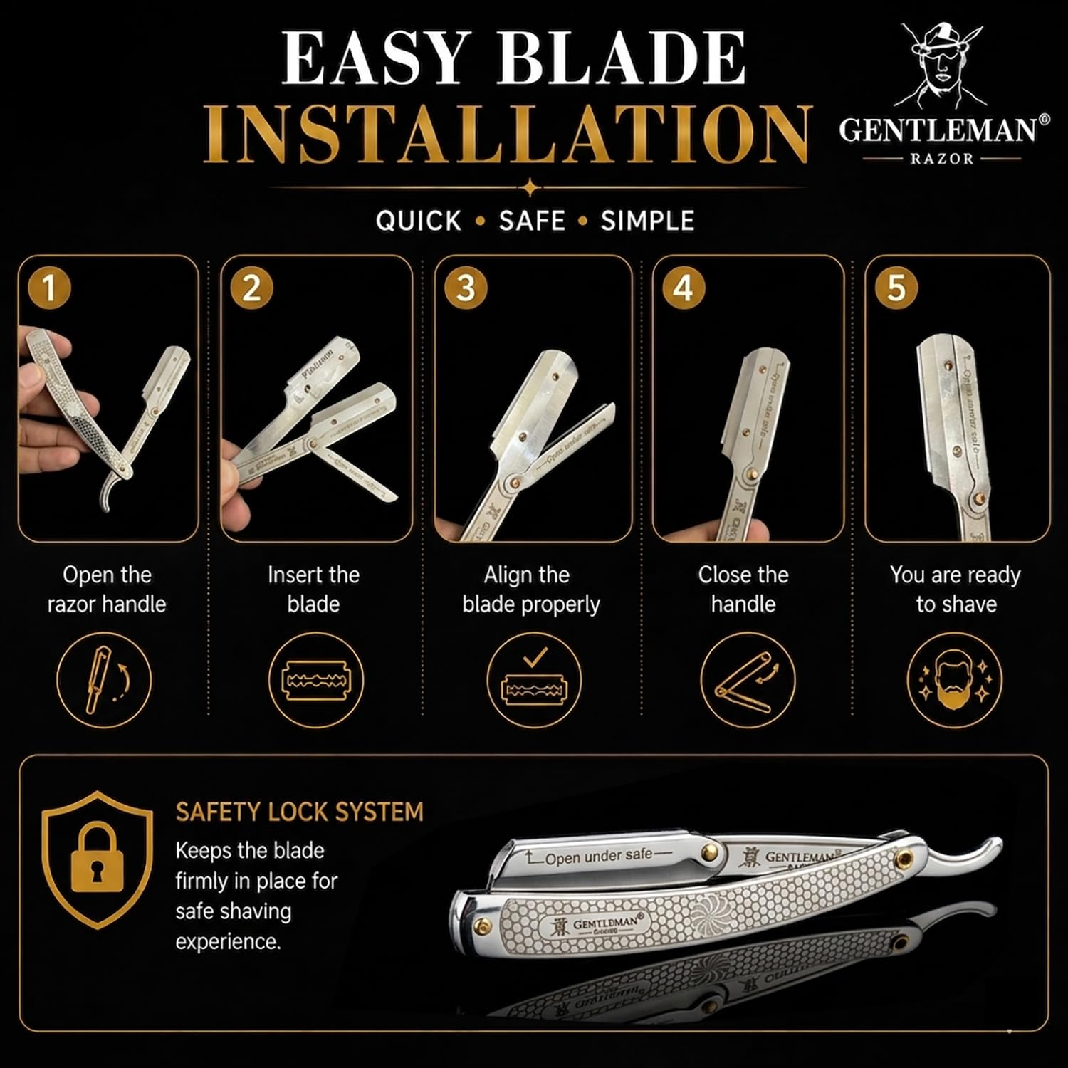 Fortive Gentleman Barber Folding Face Razor for Men - Stainless Steel Shaver for Men with Free Blade, Beard Shaper Tool - Straight Razor for a Precise and Smooth Shaving 3