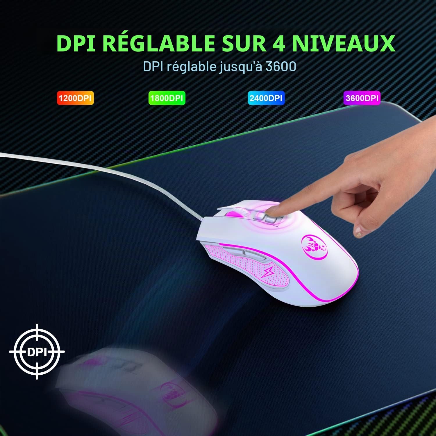 K61 RGB Gaming Keyboard Mouse Set, Clavier de Jeu à Membrane mécanique, jusqu'à 3600 dpi, Souris de Jeu Optique à 7 Boutons, pour PC, Ordinateur Portable, Mac, Bureau et Jeux - Blanc