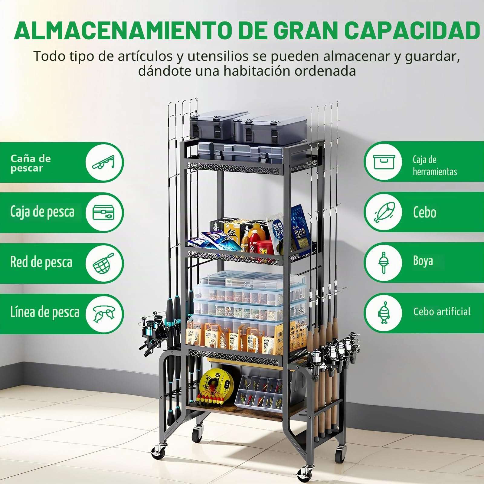 JAOGAUS Soporte para caña de pescar de 4 capas con ruedas para 10 cañas de pescar, estante con 4 rodillos para un fácil movimiento, 2 de ellos con frenos, para garaje, barco, hogar, accesorios de
