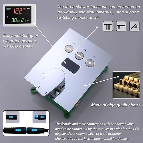 Miniatura 3 de Sistema de ducha cromado de cuerpo completo, juego de cabezal de ducha de 12 pulgadas, pantalla de temperatura del agua y control de flujo,