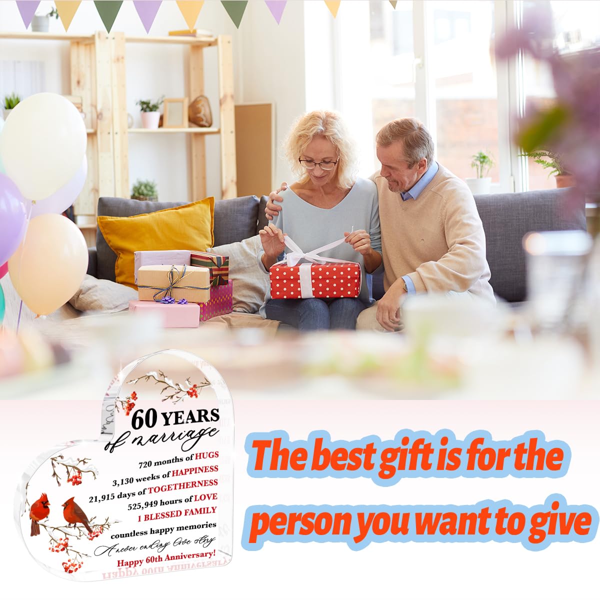 60 Years of Marriage Gift Happy 60th Anniversary Acrylic Decor Cardinal Gifts for Women 60th Wedding Anniversary Acrylic Gifts for Wife Husband Girlfriend Boyfriend Couple Home Office Desktop Decor