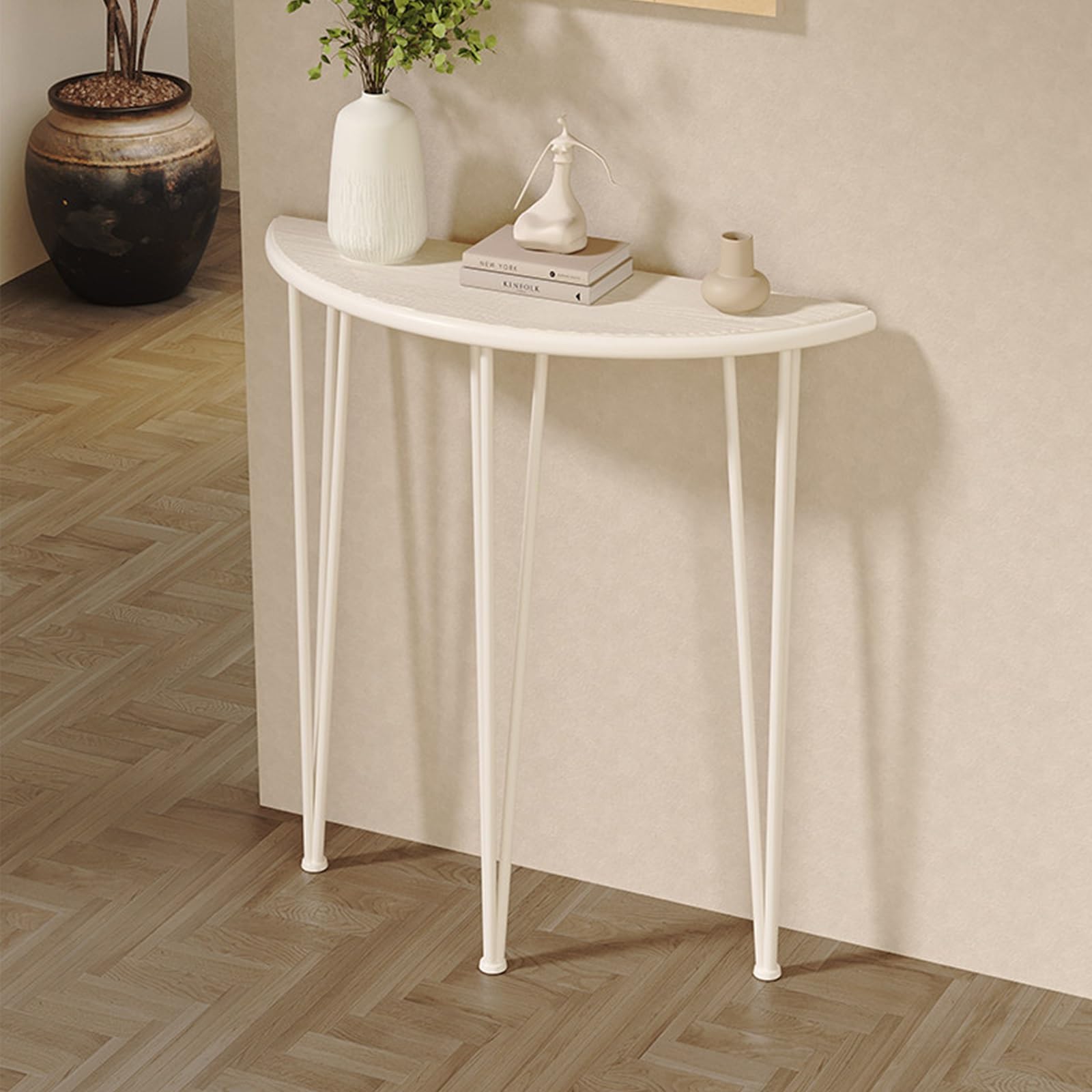 Mesa consola semicircular para pasillos estrechos que optimiza espacio
