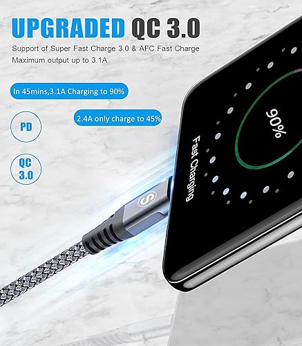 Miniatura 2 de Cable USB tipo C de 3.1A de carga rápida 2 unidades, 1.5 pies + 1.5 pies, cargador USB-A a USB-C, cable trenzado de nailon para Samsung Galaxy S21