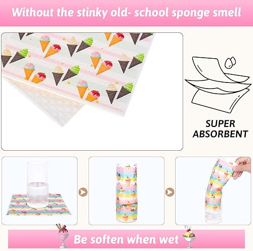 Miniatura 4 de Whaline 6 paños de cocina suecos con temática de helado colorido estampado de paletas de hielo, reutilizables, de algodón, absorbente, para verano,