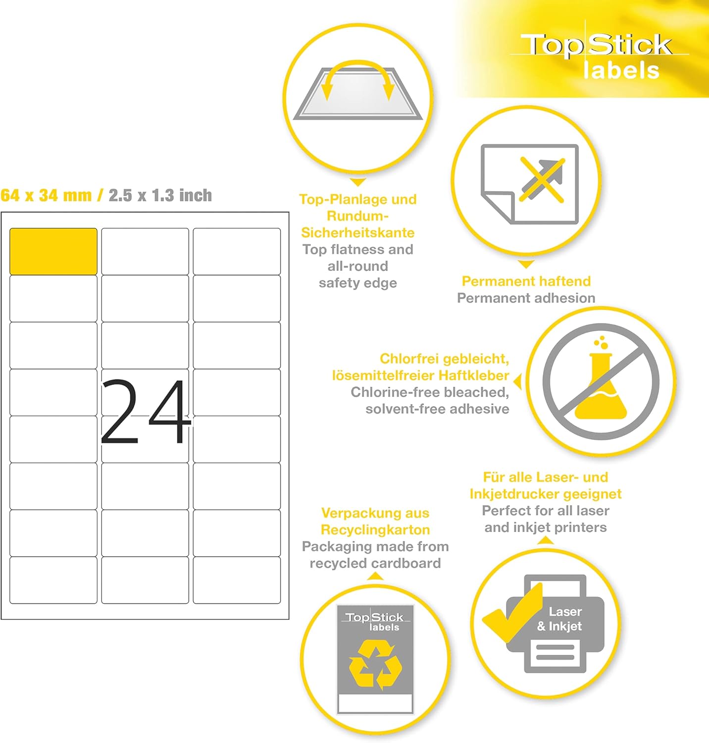 TopStick 8777 Address Mailing Labels, 24 Labels Per A4 Sheet, 64 x 34 mm, 2400 Labels, Self Adhesive, Stickers for Laser and Inkjet Printers, White