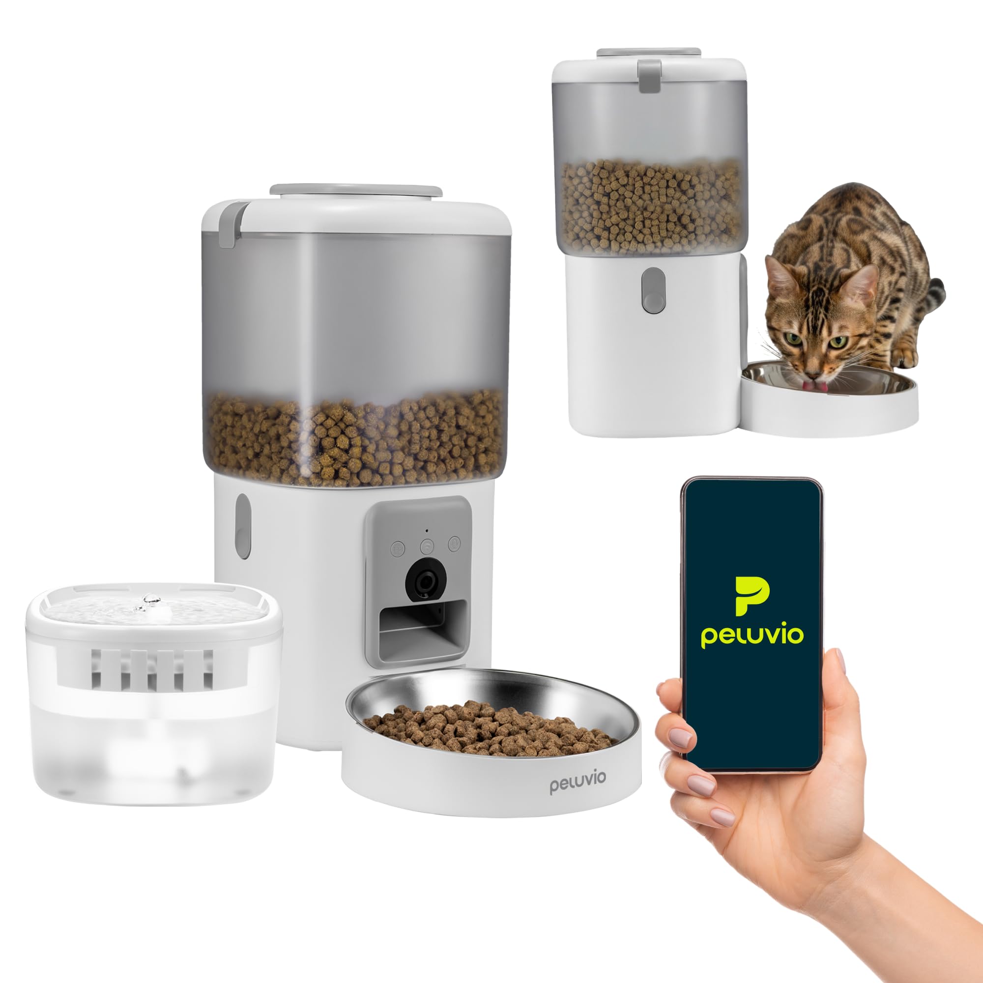 FEAST Distributore Automatico Cibo Gatti con WiFi e Videocamera, Dispenser Crocchette Gatto 4,5 L con Ciotola, Porzioni Programmate, Fontana 2,5 L, Distributore Automatico Cibo Cani (Bianco)