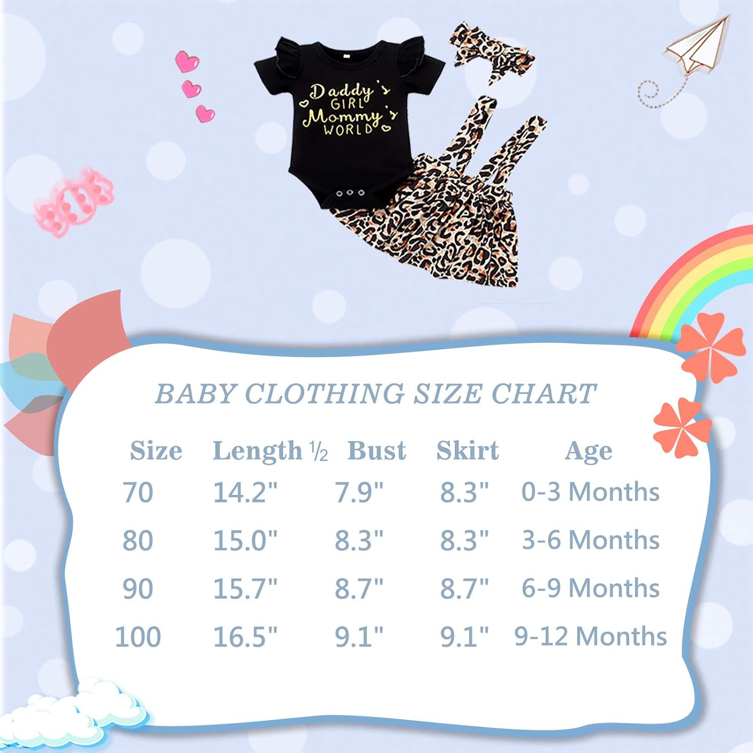 Infant Baby Girl Clothes Summer Outfits Black Ruffle Romper Leopard Skirt Headband Set 3PCS (9-12 Months): Clothing, Shoes & Jewelry