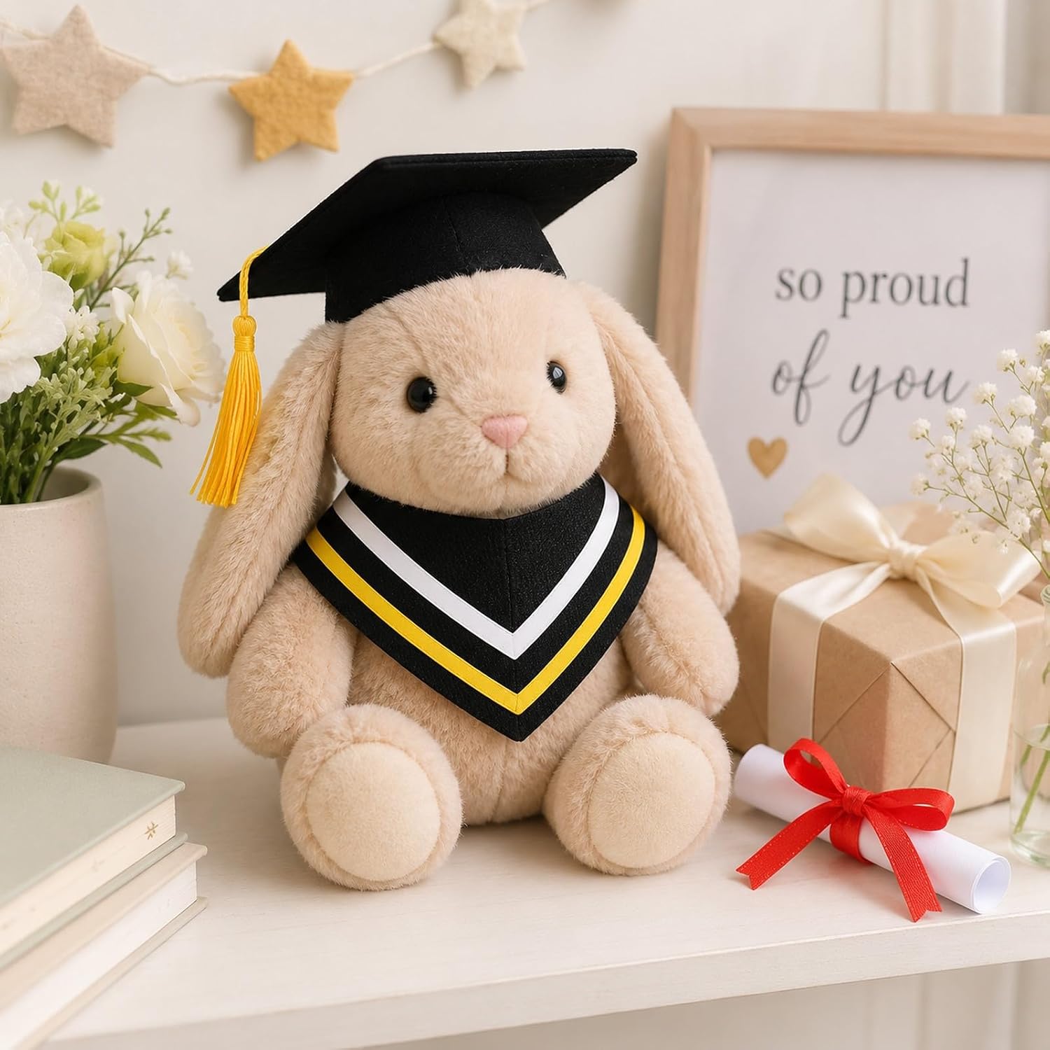 LOGOFUN Stuffed Animal Graduation Outfit Yellow Cap Scarf Scroll Set | Graduation Outfit Fits Plush Bears Or Dolls For Class Celebrations, Photos And Party Favors