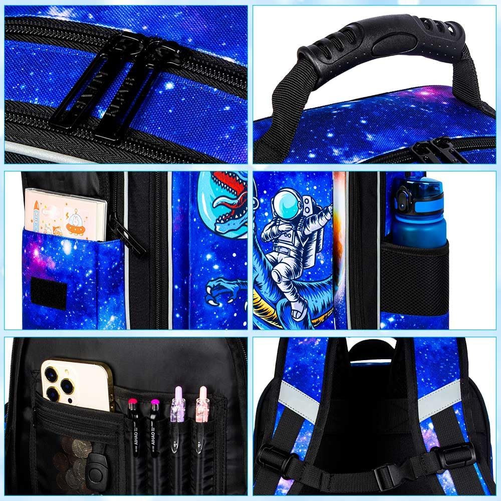 UFNDC Dinosaurier-Rucksack für Jungen, Vorschul-Büchertasche mit Lunchbox, 40,6 cm, wasserabweisend, Schultasche für Grundschulkinder, 3 Stück, Dinosaurier-Astronaut, 40,6 cm, Einheitsgröße,