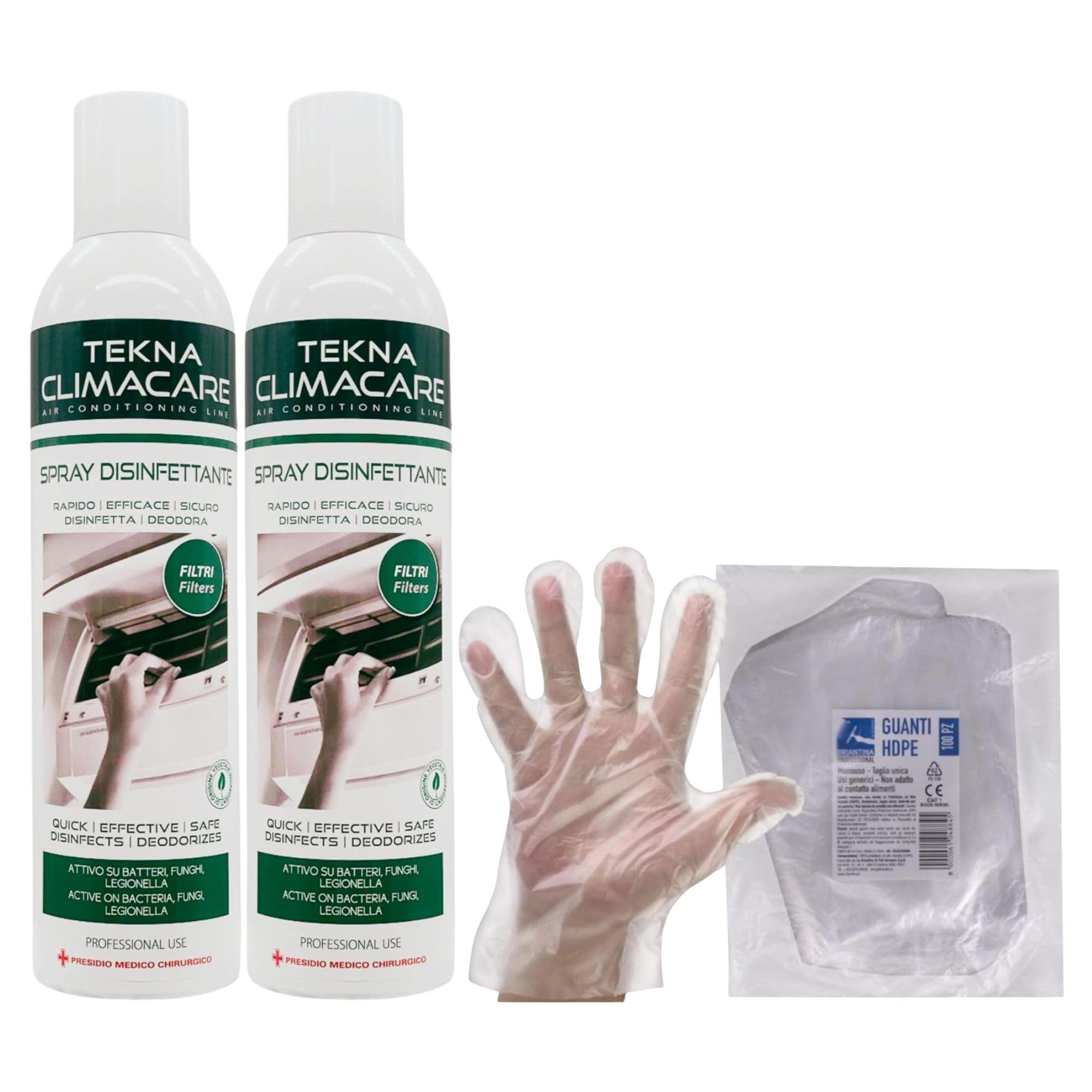 Spray Igienizzante Per Climatizzatori, Adatto Anche per Sistemi di Condizionamento Dell'Aria, con Azione Deodorante, Formato da 400ml + 100pz Guanti HDPE Monouso (2 Spray + Guanti Monouso)