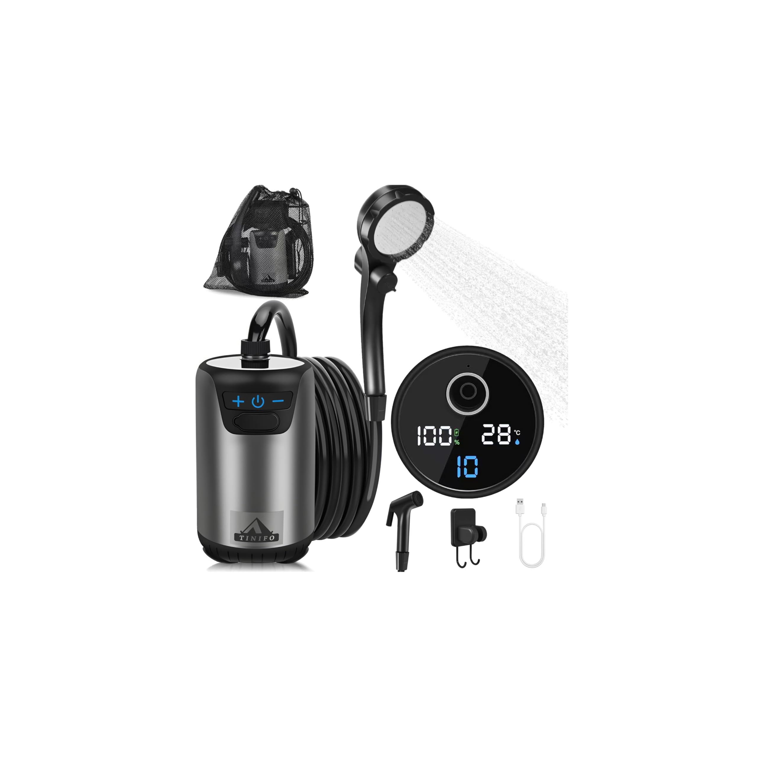 Campingdusche mit Pumpe, Tragbare Camping Dusche mit wiederaufladbarem 8000mAh Akku, Mobile Dusche mit Temperaturanzeige, 2m Schlauch für Camping, Autowaschen, Gartendusche und Haustierwäsche