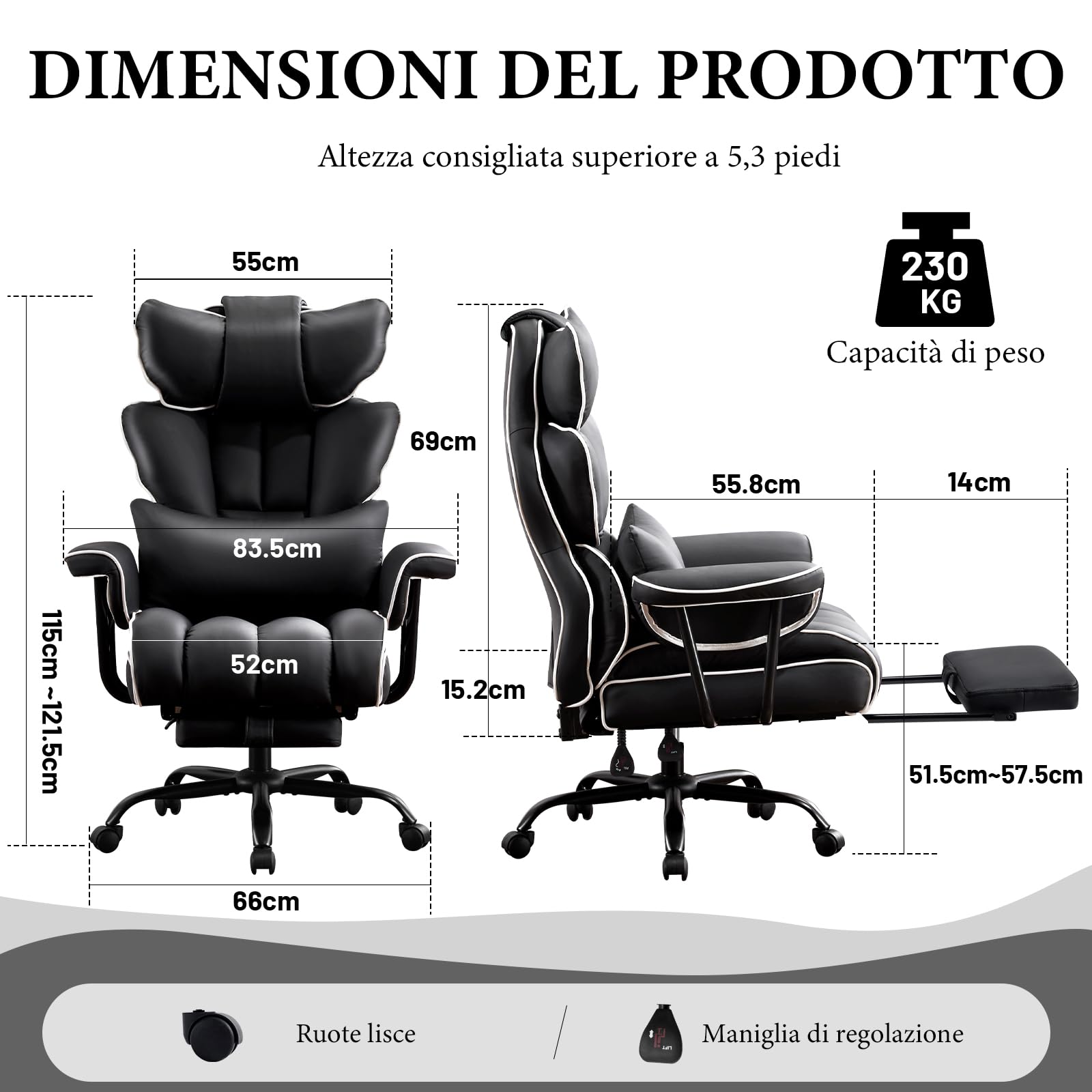 Sedia Ufficio Ergonomica, Poltrona Direzionale in Pelle PU, Sedia Gaming con Poggiapiedi e Supporto Lombare, Sedia da Ufficio Reclinabile Girevoli Altezza Regolabile 200kg (Nero)
