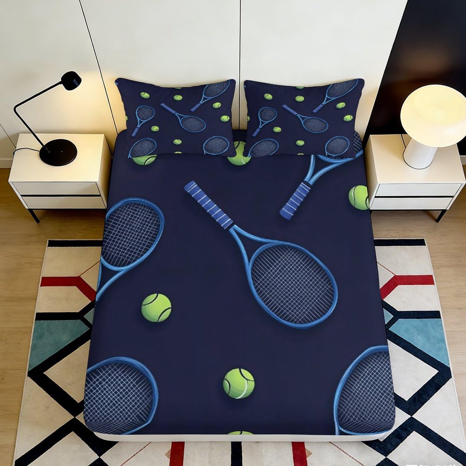 Dhbaneiok Style-4 3D Printed Tennis Racket Fitted Sheet Microfiber Soft Breathable Tennis Ball Mattress Cover For Bedroom Dorm Decor 90X200x25cm