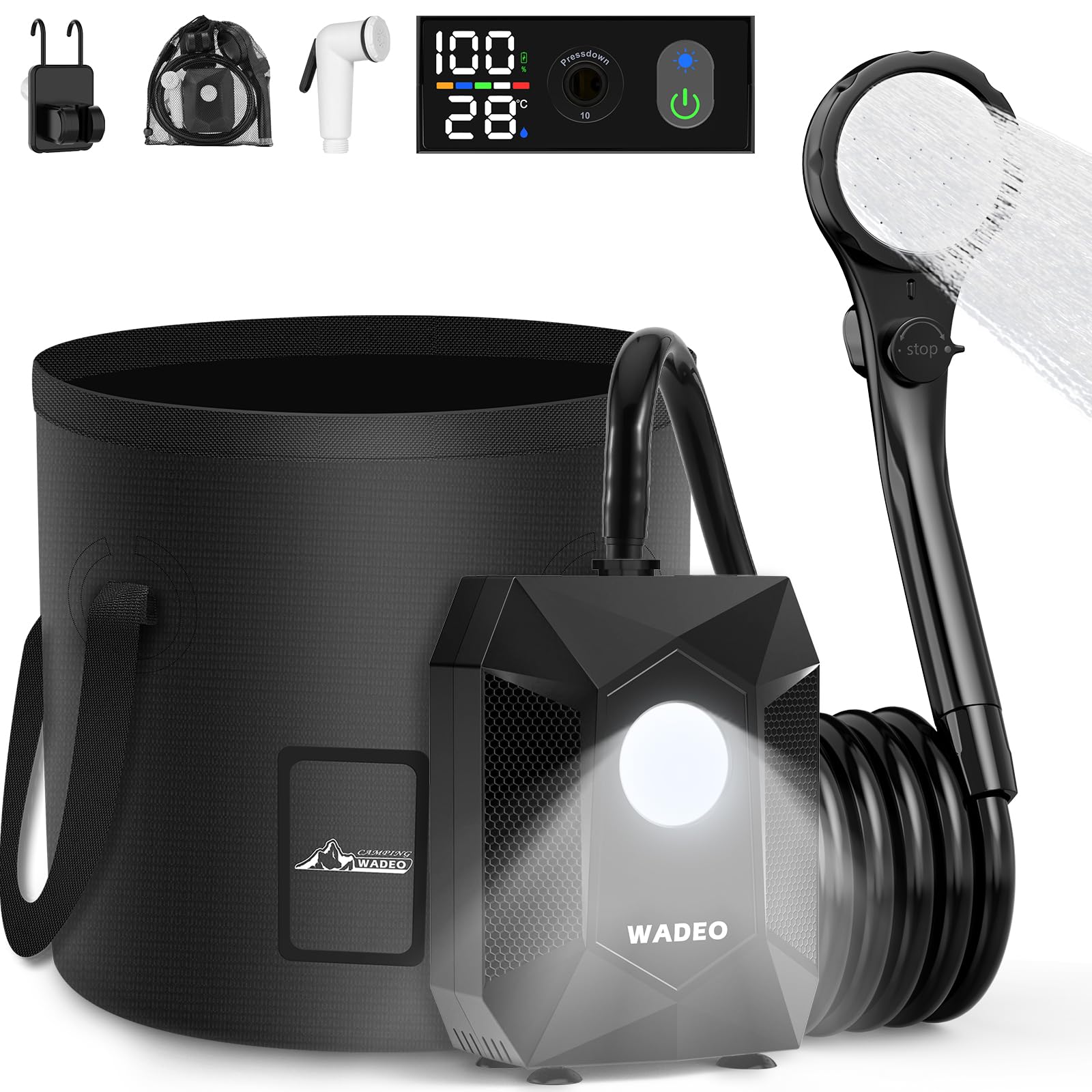 WADEO Doccia da Campeggio, [Secchio Pieghevole da 20L] [6000mAh] Pompa Doccia a Batteria Ricaricabile, Doccia Portatile per Spiaggia, Animali, Auto, Giardino