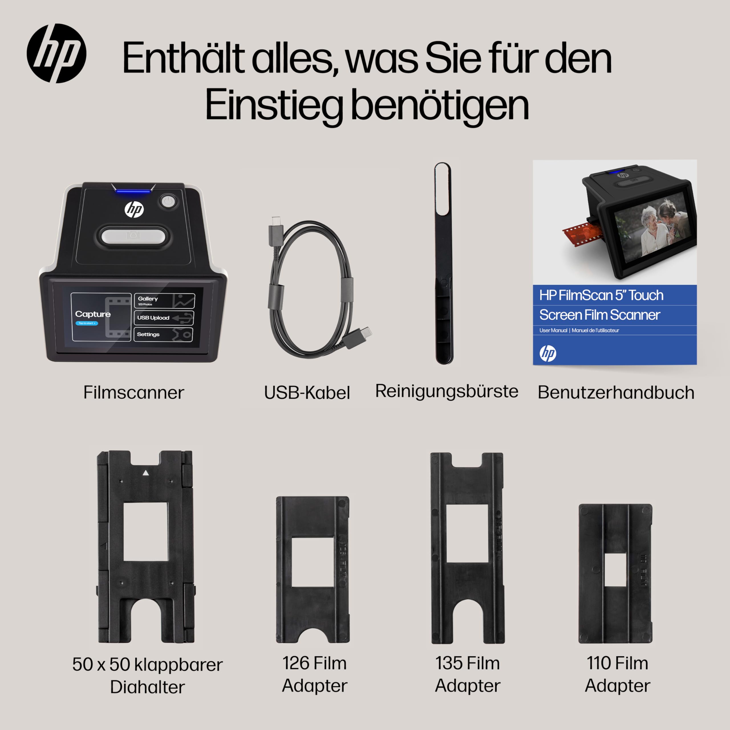 HP FilmScan Touchscreen-Film- und Diascanner mit 5-Zoll-LCD-Bildschirm, wandelt Negative und Dias schnell in Digitale 22-MP-JPEG-Fotos um, kompatibel mit 135er-, 126er- und 110er-Filmen und -Dias