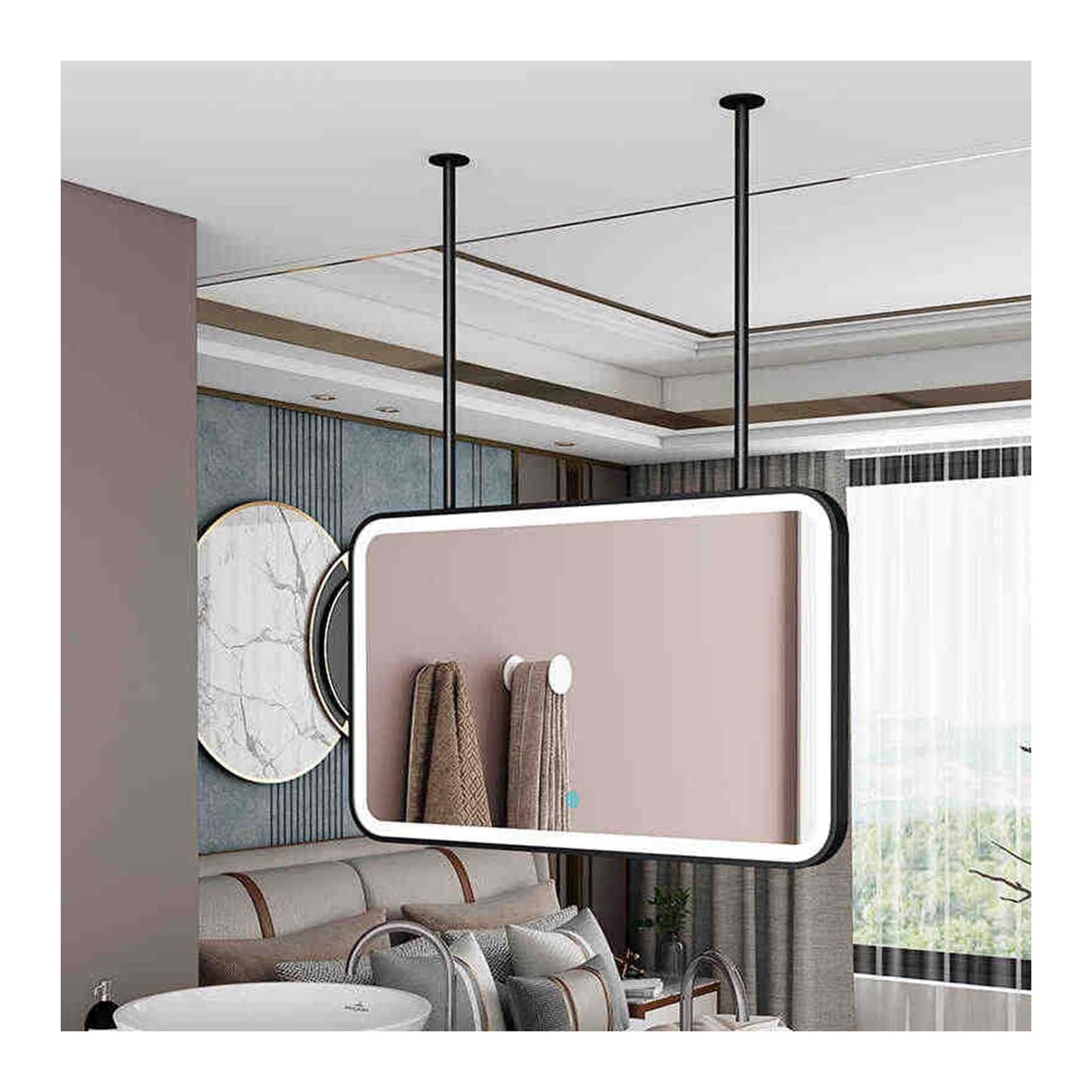 FGXHHS LED Lighting Rectangular Ceiling Hanging Mirror, Metal Frame, Vanity Shaving Makeup (Black,90x60cm)