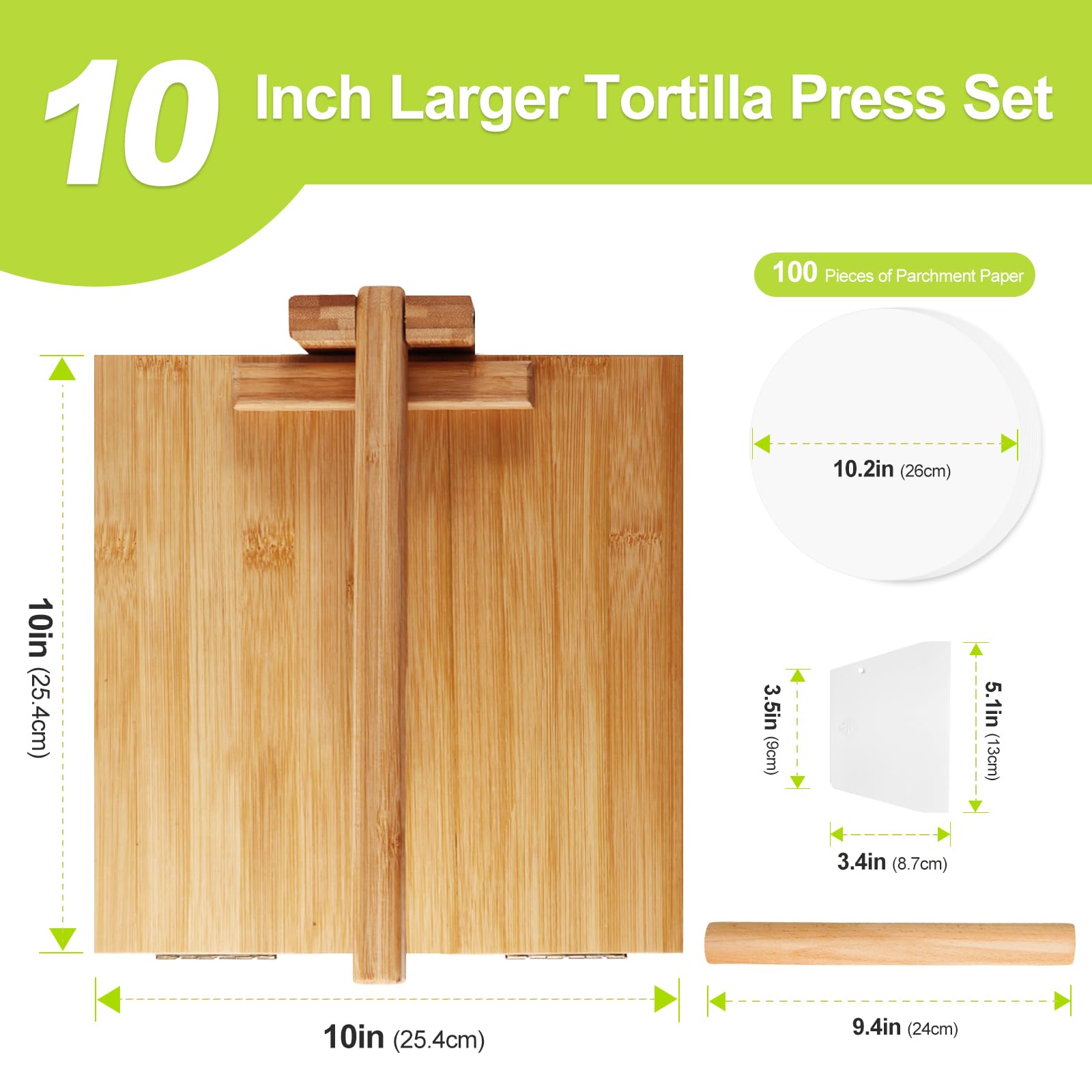 Tortilla Press 10 Inch Tortilla Maker Large Roti Maker with Rolling Pin+Dough Scraper+Parchment Paper Bamboo Wood Tortilla Press for Homemade Tortilla, Roti,Taco,Dough Press