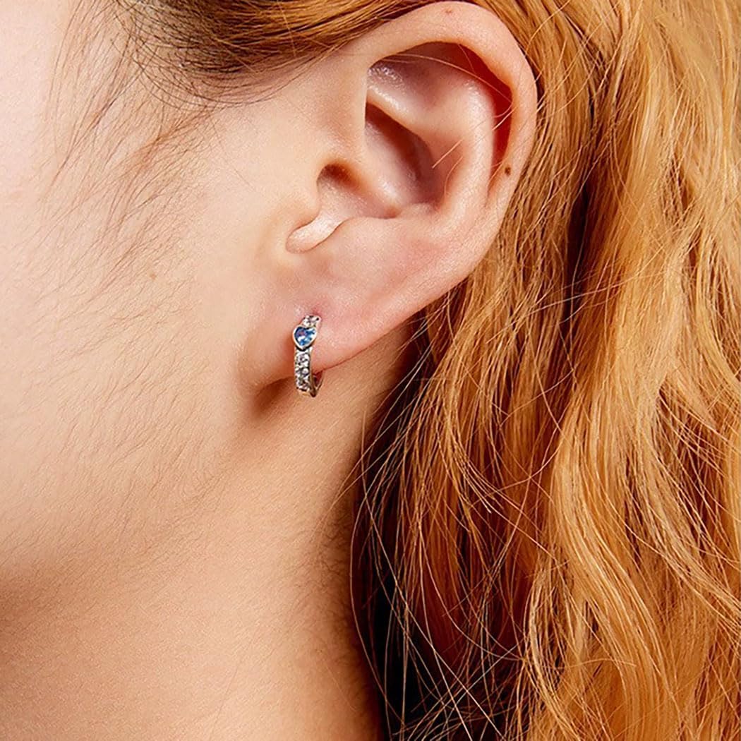 SLUYNZ Sterling Silver Small Heart Hoop Earrings for Women CZ Blue Heart Hoop Earrings Huggie