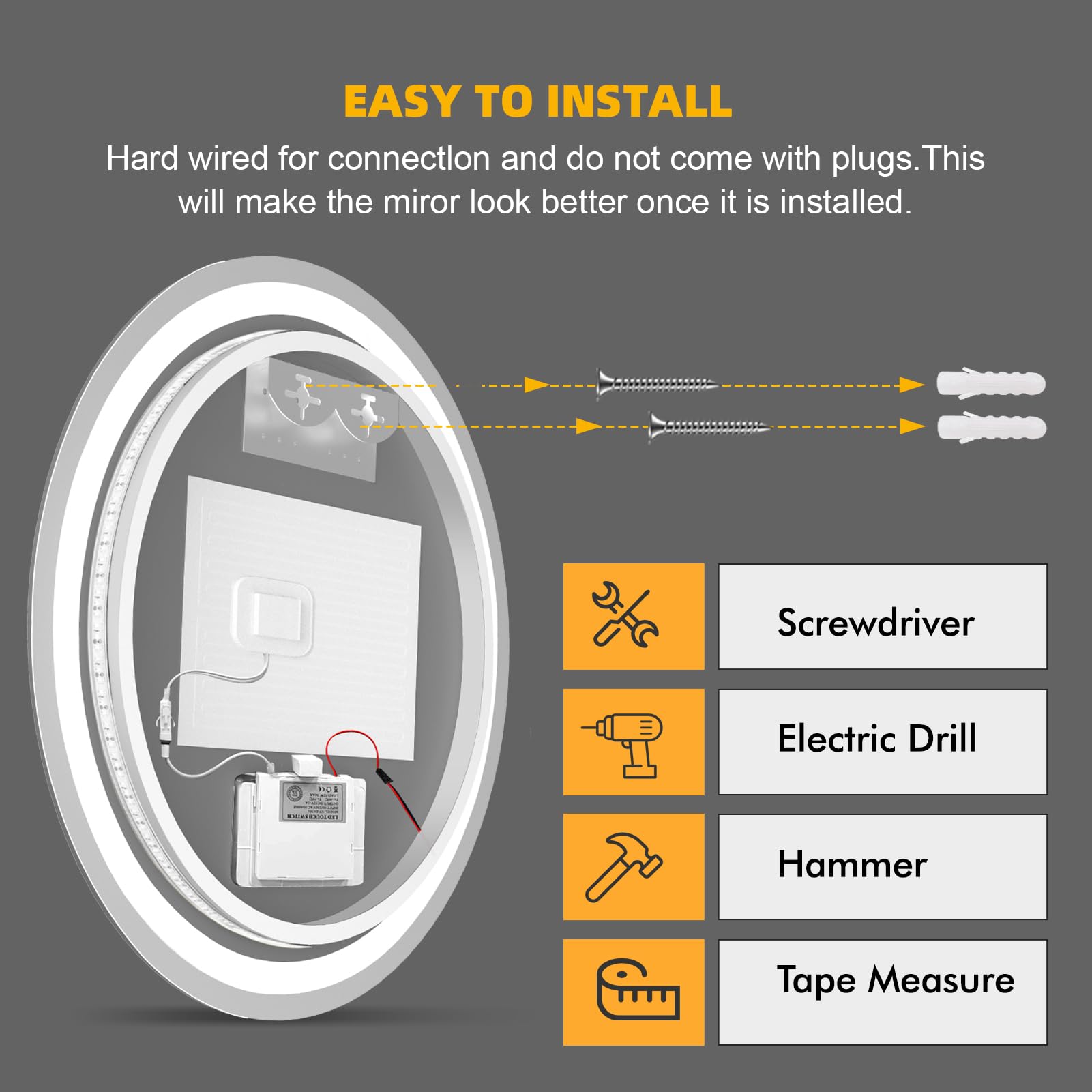 Sararoom Miroir de Salle de Bain Circulaire 60 X 60 cm avec Lampe LED et Interrupteur à Double Touche, Trois Températures de Couleur, Intensité Variable, Anti-Buée, Modèle Mural