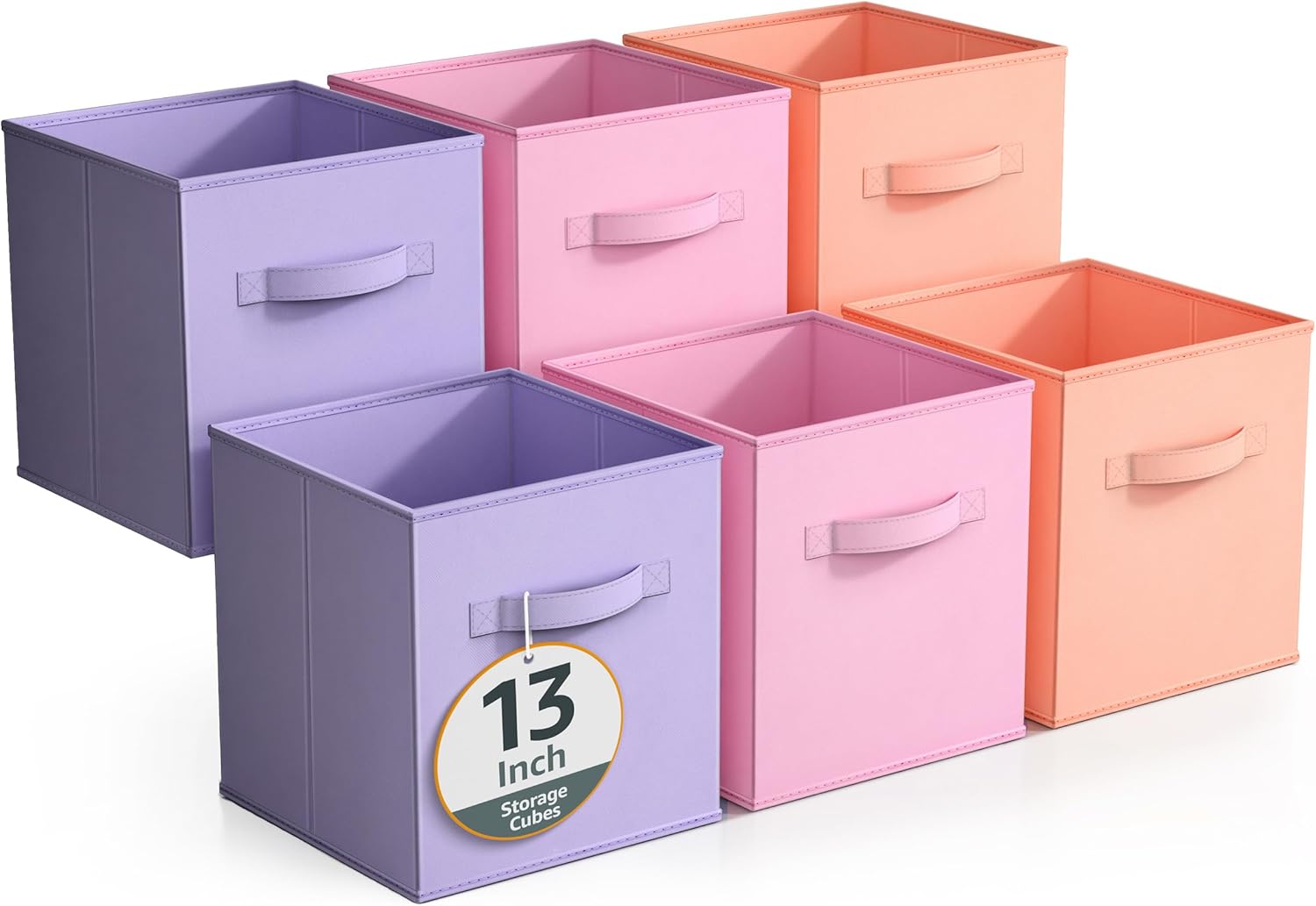 Sorbus Fabric Storage Cubes - 6 Foldable Storage Bins for Organizing Pantry, Cubbies, Toy Box - Clothes Storage & Closet Organizer - 13 Inch Collapsible Cube Baskets for Shelves with Handle Pastel Pink Orange Purple 13 Inch