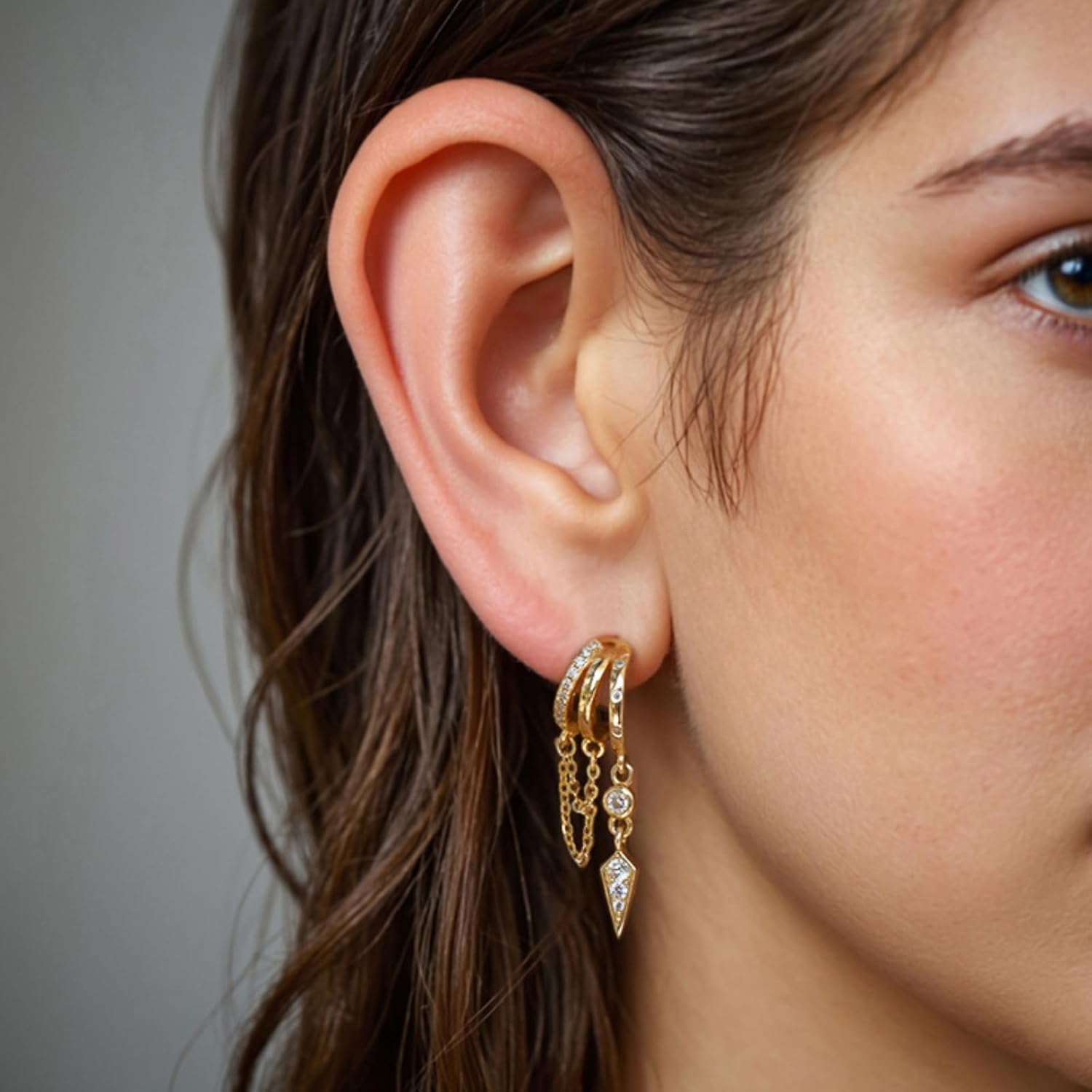 Gold Dangle Earrings for Women Triple Huggie Hoop Stud Earrings Cute Statement Chain Earring Dainty Drop Earrings for Women - Image 4