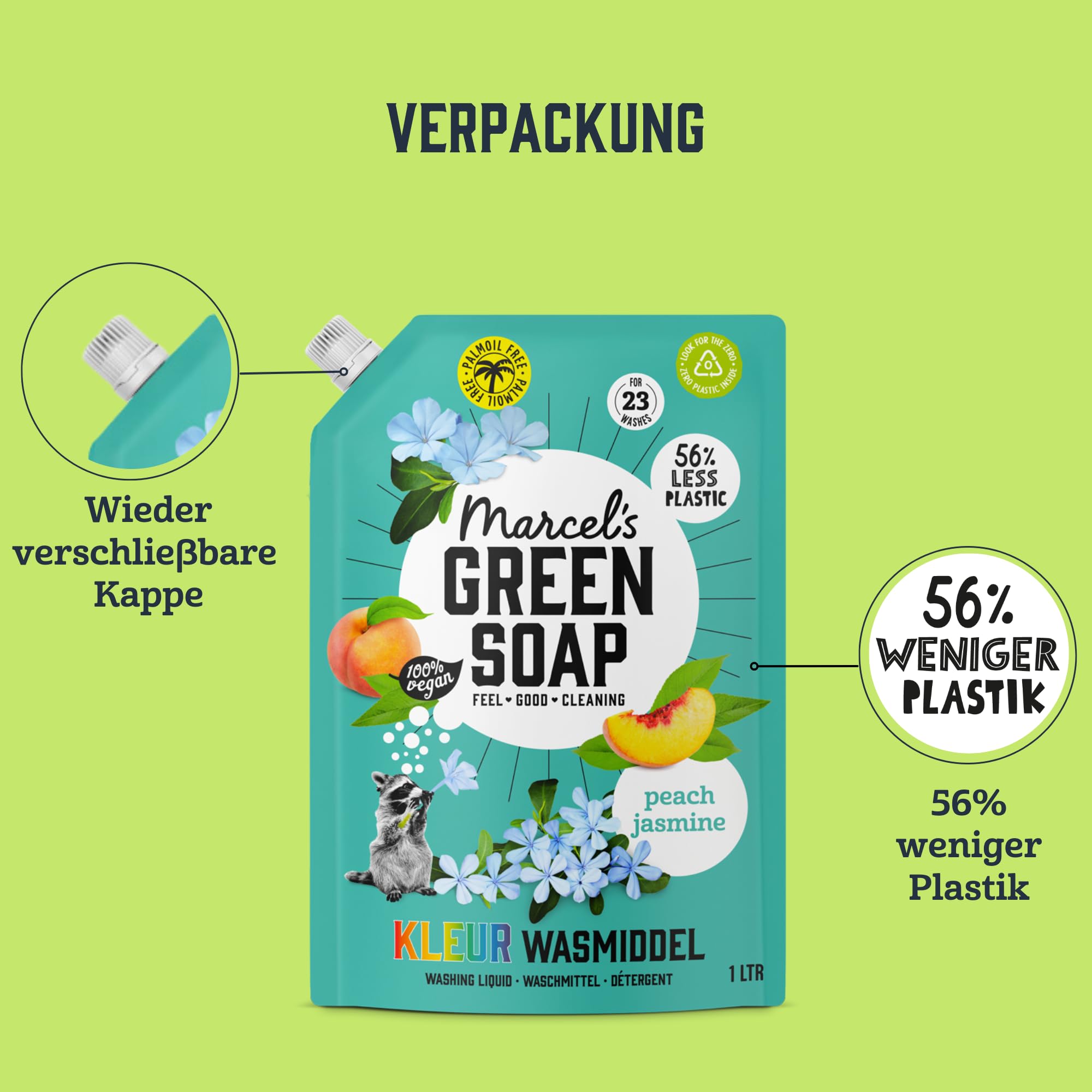 Marcel's Green Soap Farbwaschmittel Nachfüllpack Pfirsich & Jasmin – Nachfüllbeutel – Farbige Wäsche - Vegan - Mikroplastikfreie Formel - 92 Waschgänge - 1L (4er Pack)