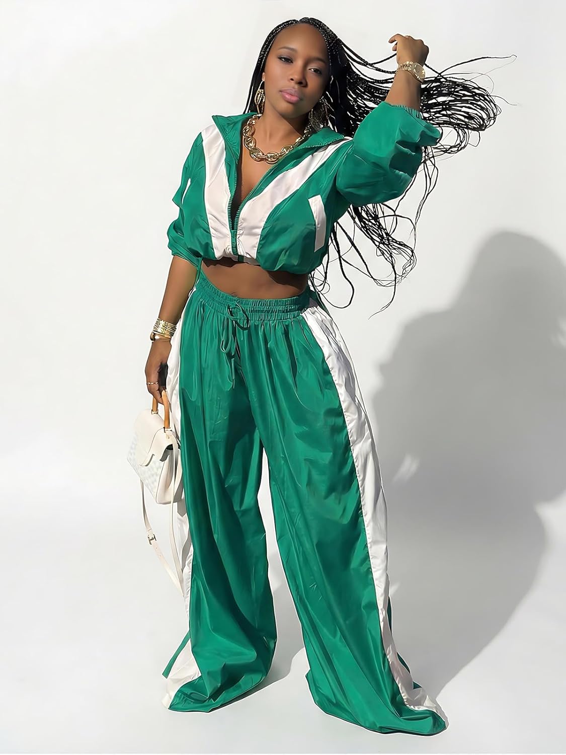 Angsuttc Track Suits for Women Set Color Block Two Piece Long Sleeve Cropped Jacket and Wide Leg Pants Outfits