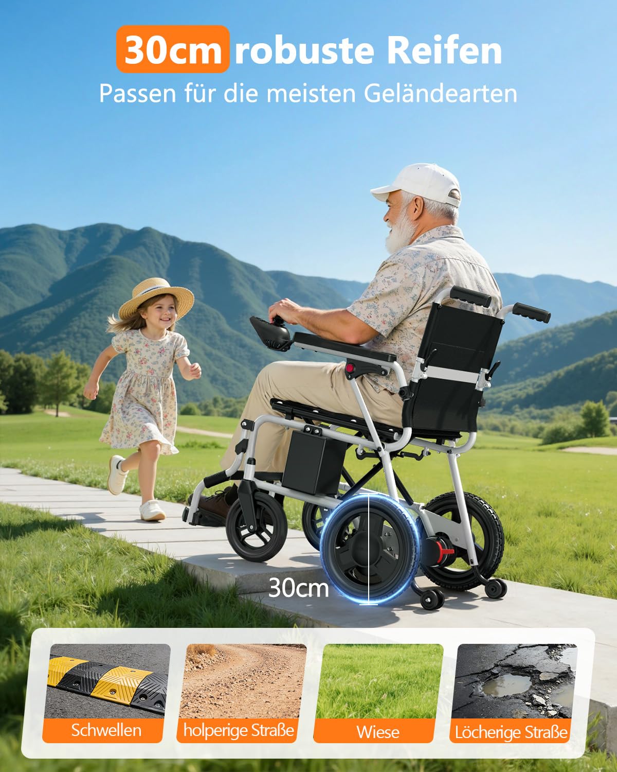Elektrischer Rollstuhl mit 20km Reichweite,16.8kg Rollstuhl Elektrisch Faltbar Schmal Rollstuhl für Wohnung & Reisen, 125kg Tragkraft für jedes Gelände geeignet