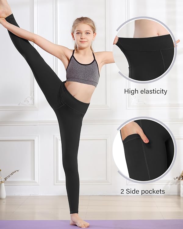 Stelle Girls' Athletic Leggings Kids Dance Running Yoga Pants Workout Active Dance Tights with Pockets (Black, 7-8 Years) by Stelle - Image 2