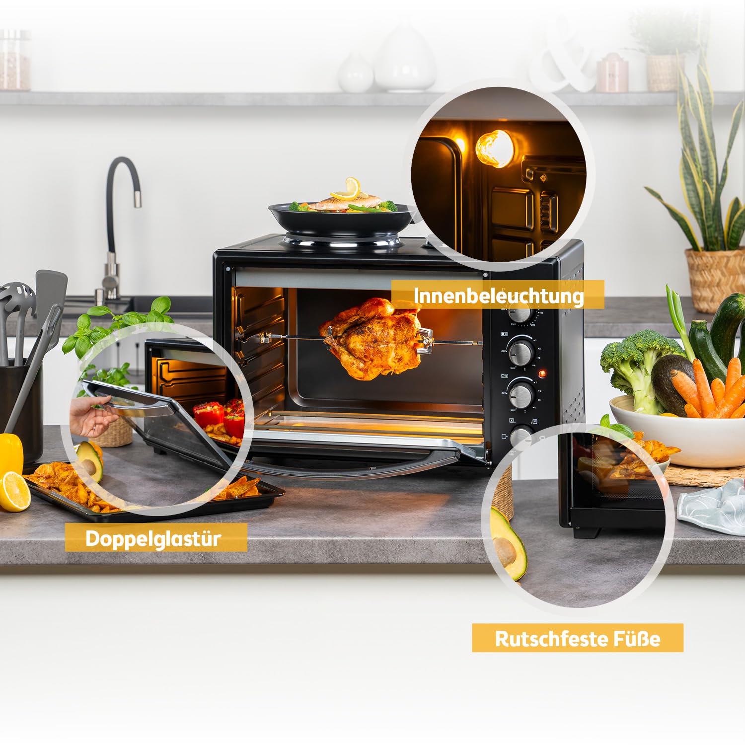 TZS First Austria - Minibackofen mit Kochplatten 45L 3200 W - Mini Backofen Pizzaofen mit Herdplatten bis 230°C & Antihaftbeschichtung - Miniofen Kombigerät mit 4 Einschubhöhen & hochwertigem Zubehör